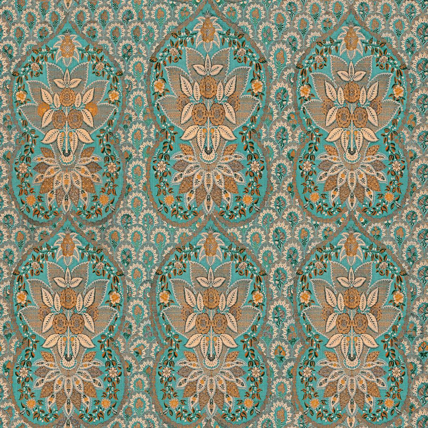FLORAL TAPESTRY Turquoise, Taupe, Orange