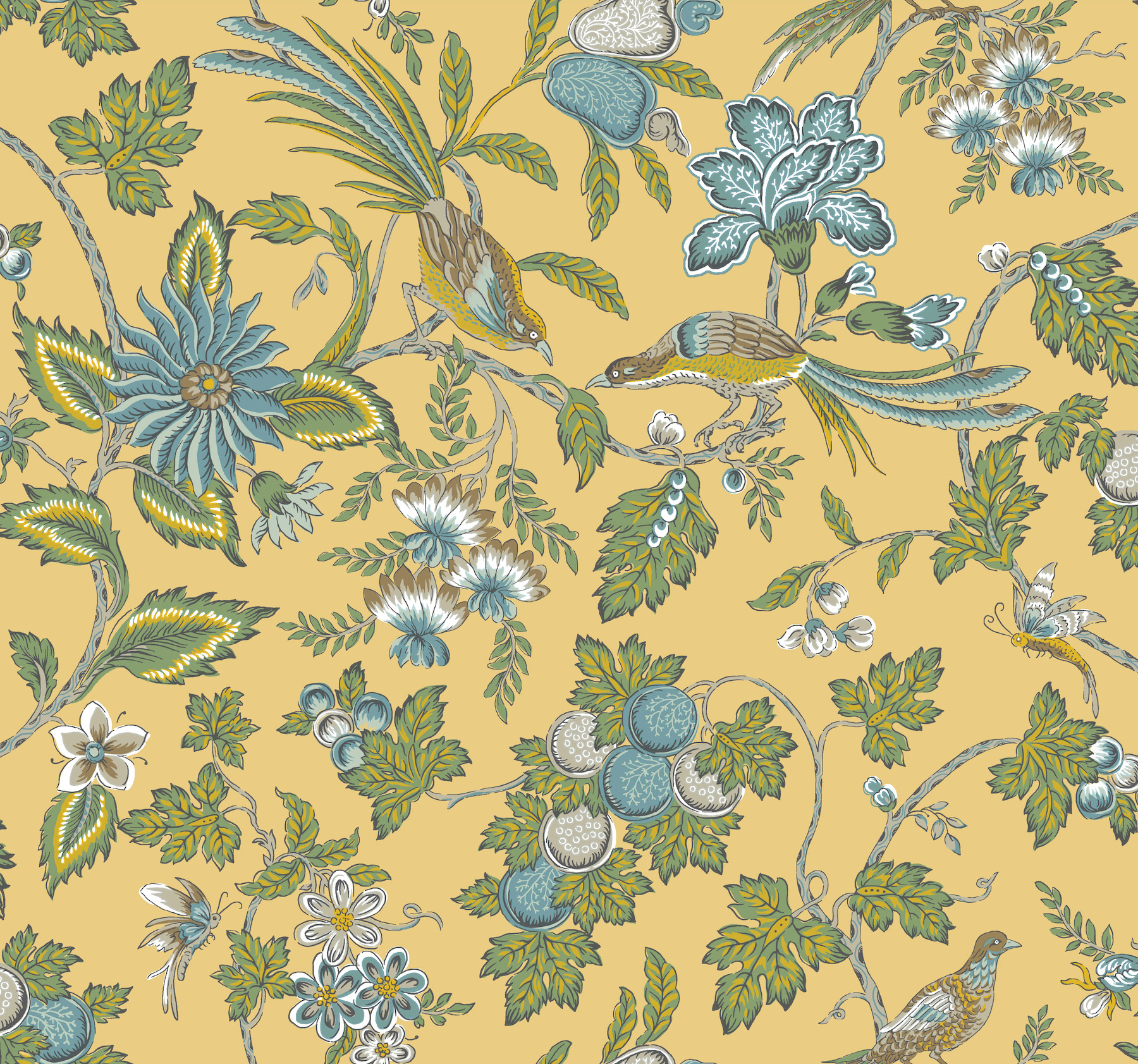 Parterre Light Yellow Jacobean Wallpaper