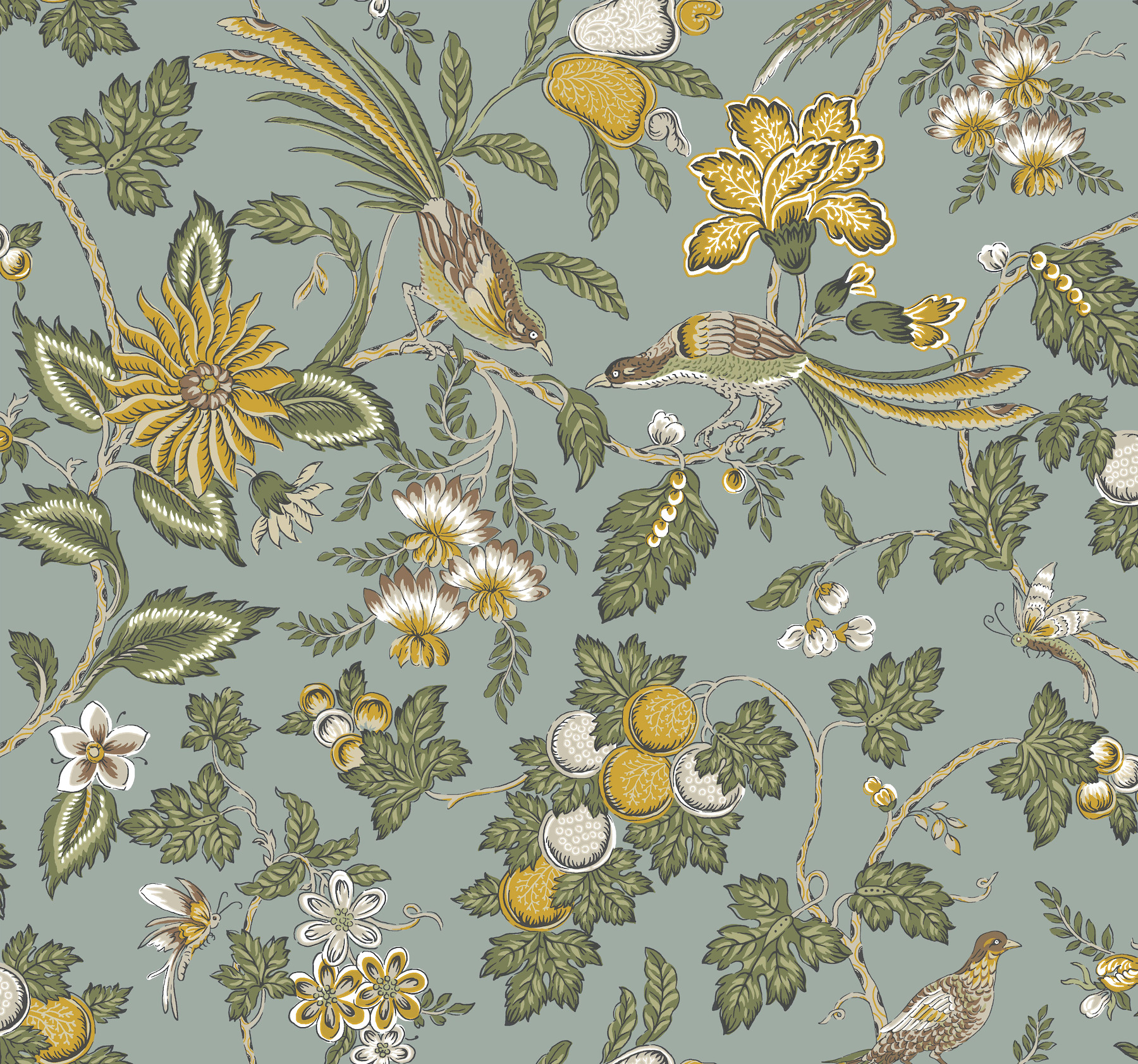 Parterre Light Blue Jacobean Wallpaper
