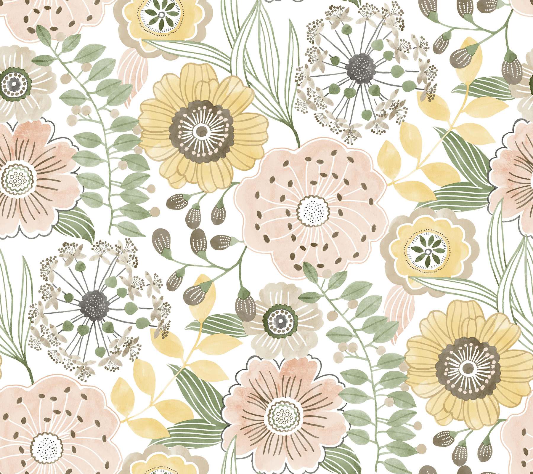 Artistic Bouquet Coral & Lemon Wallpaper