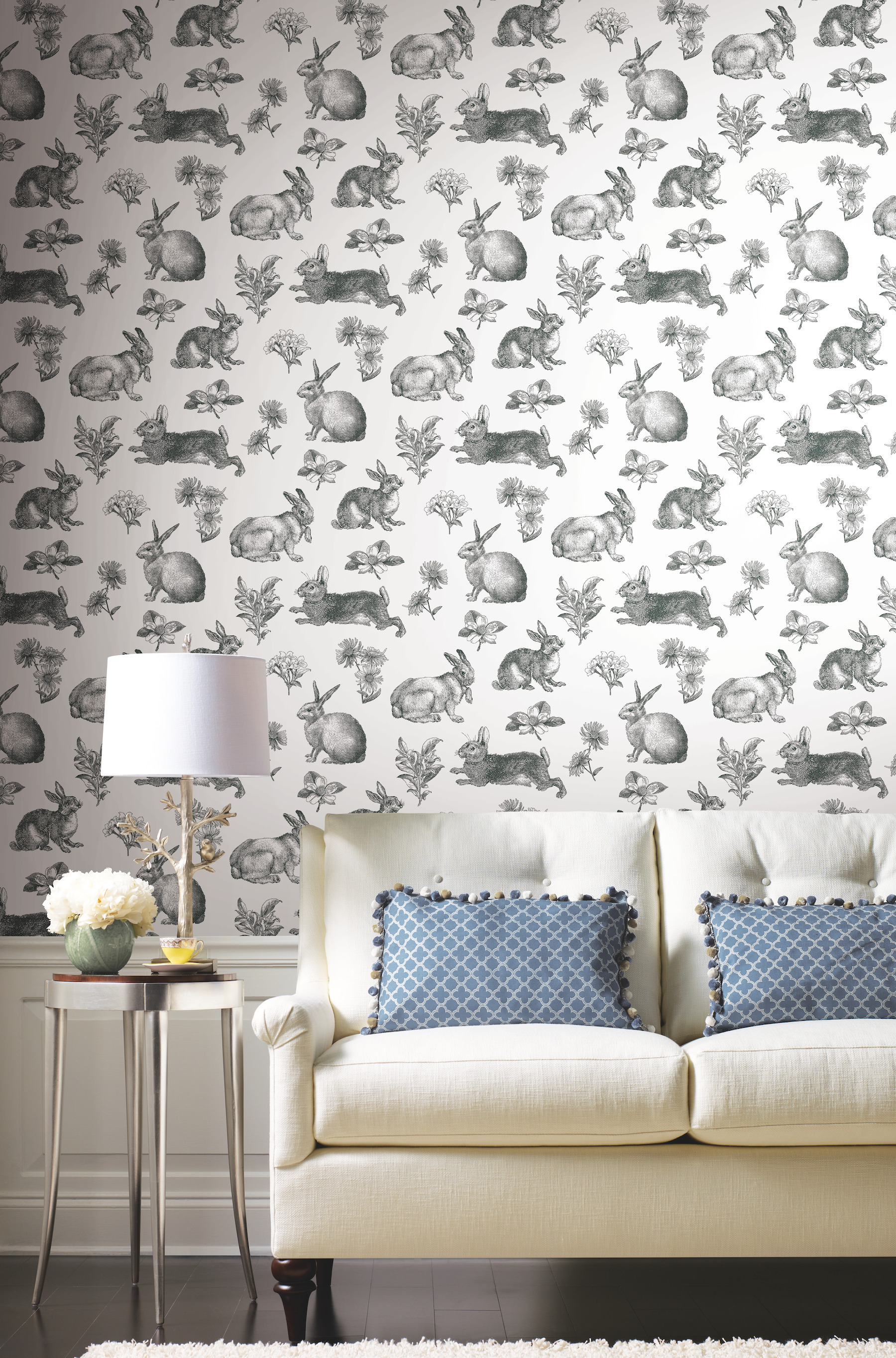 Black & White Bunny Toile Wallpaper