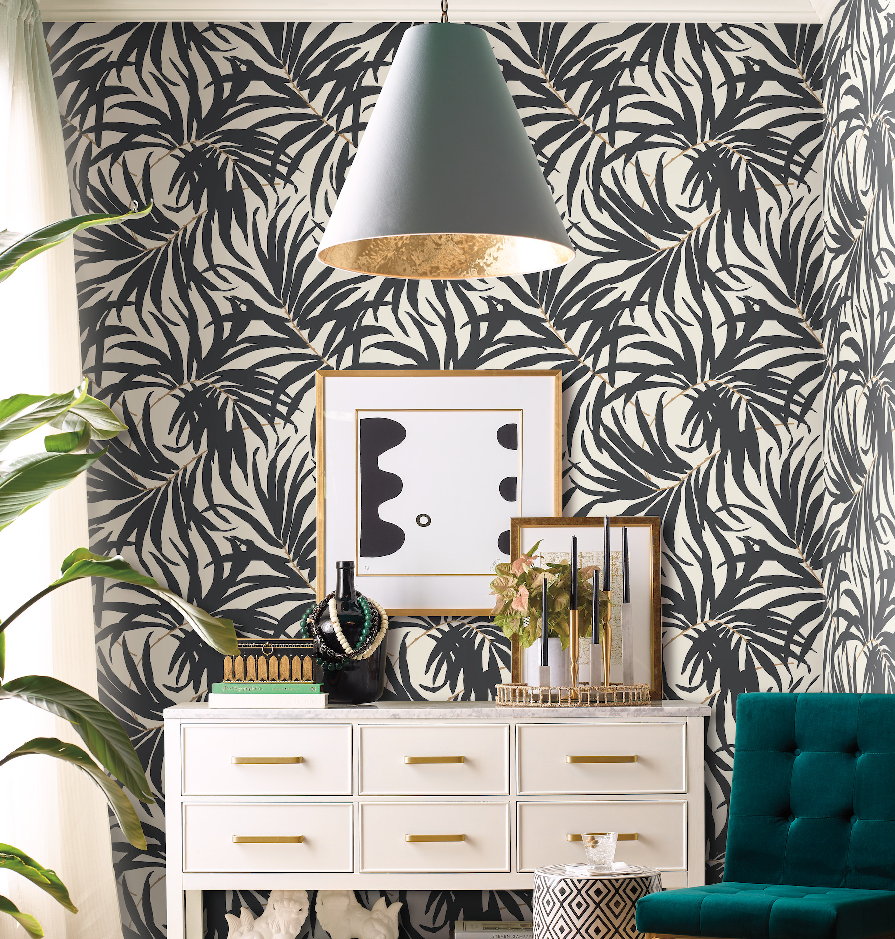 Off White & Dark Grey Bali Leaves Wallpaper