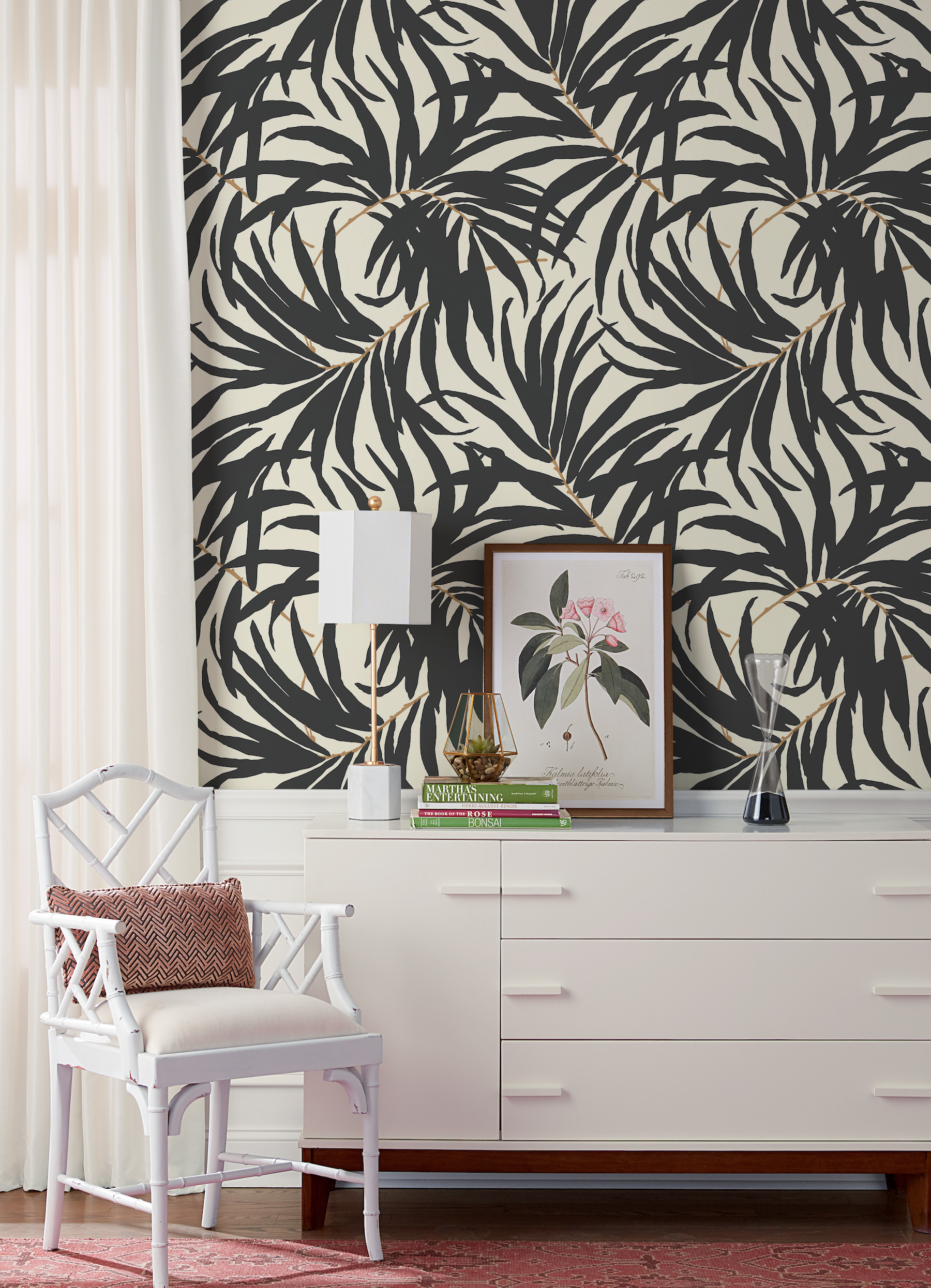 Off White & Dark Grey Bali Leaves Wallpaper
