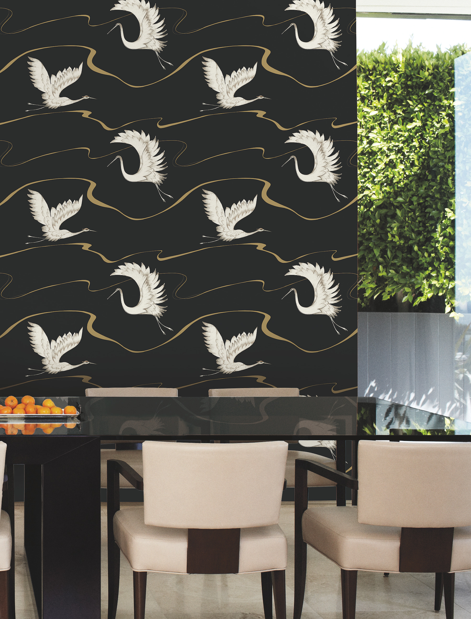 Black & Gold Soaring Cranes Wallpaper