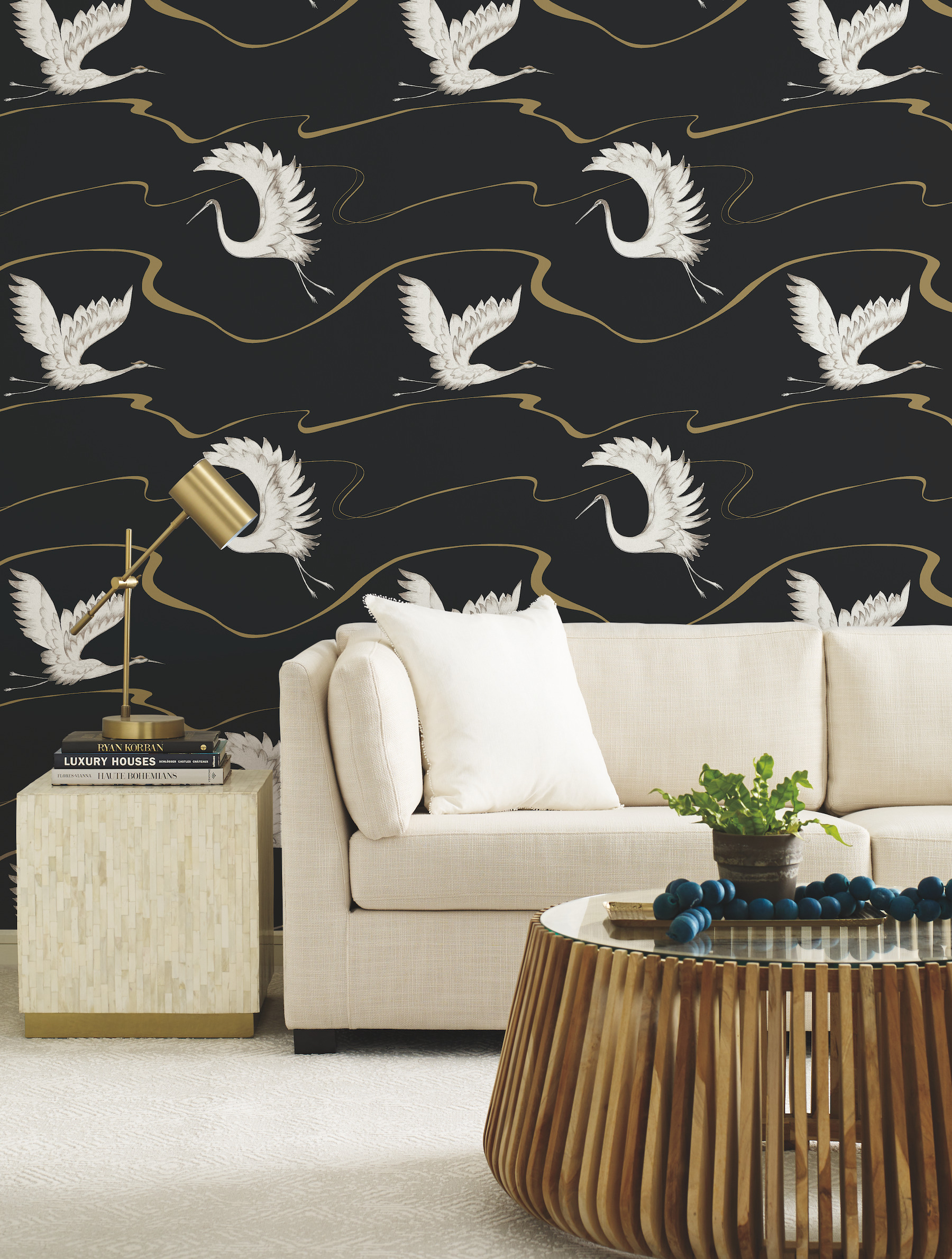 Black & Gold Soaring Cranes Wallpaper