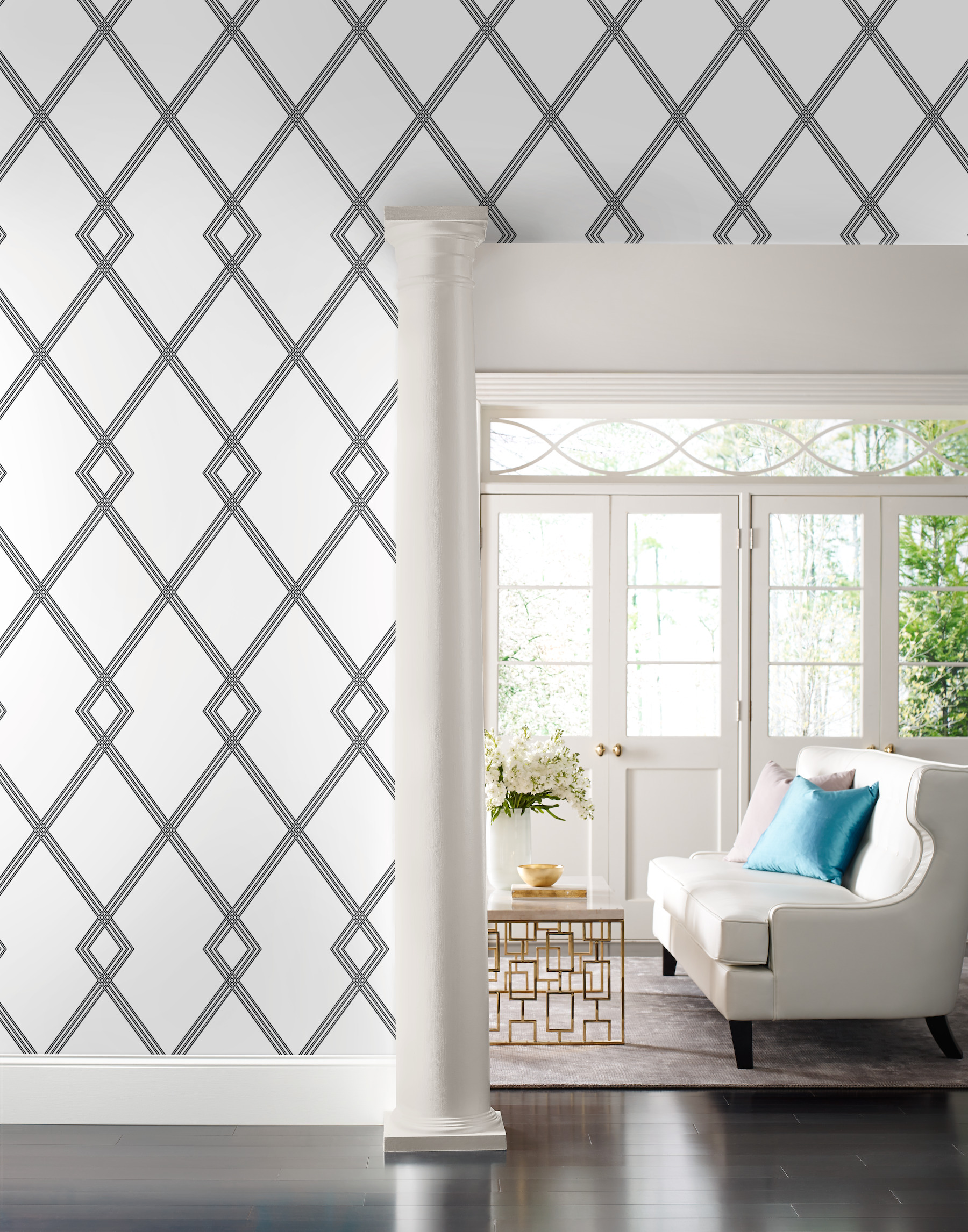 White & Black Ribbon Stripe Trellis Wallpaper