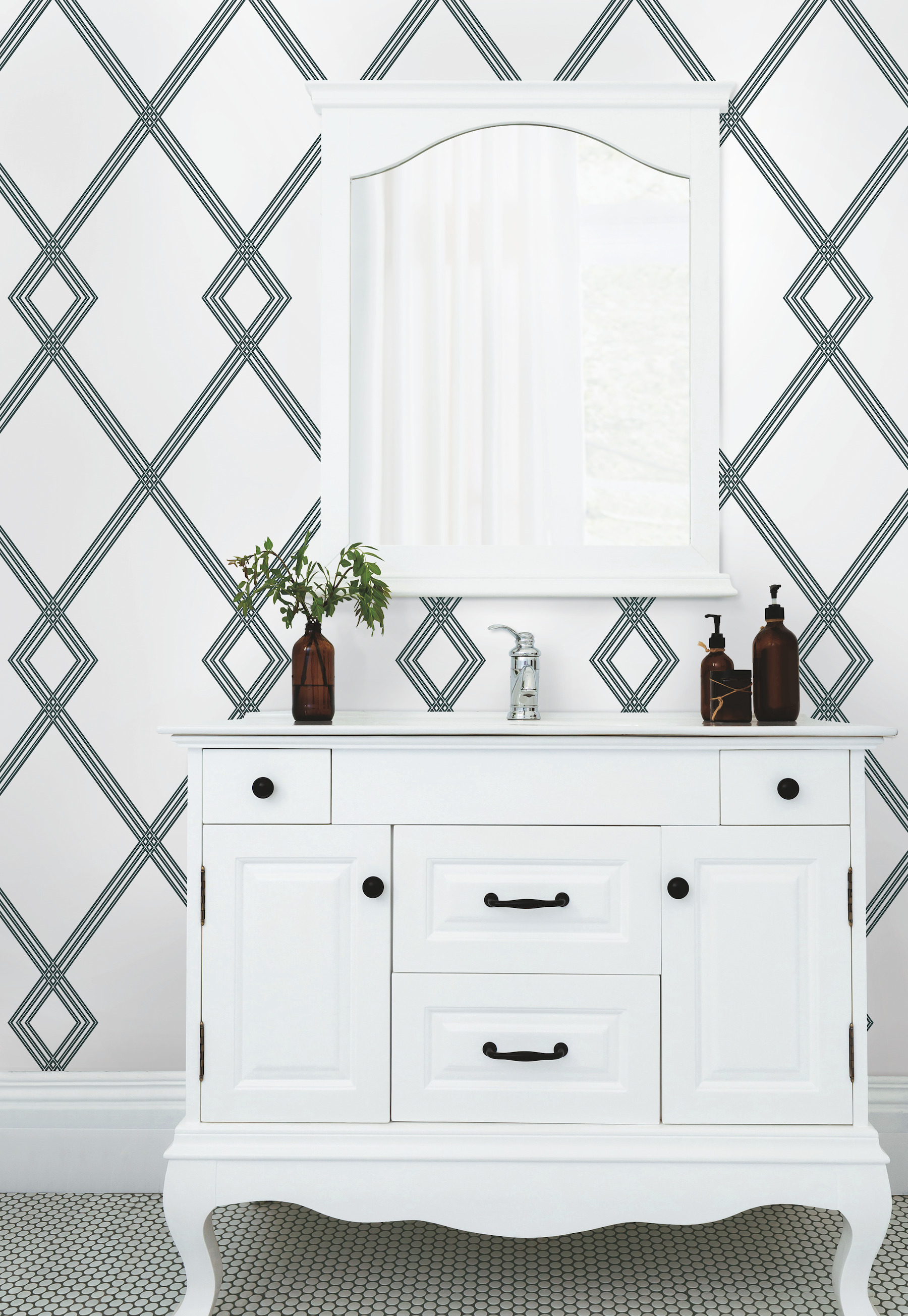White & Black Ribbon Stripe Trellis Wallpaper