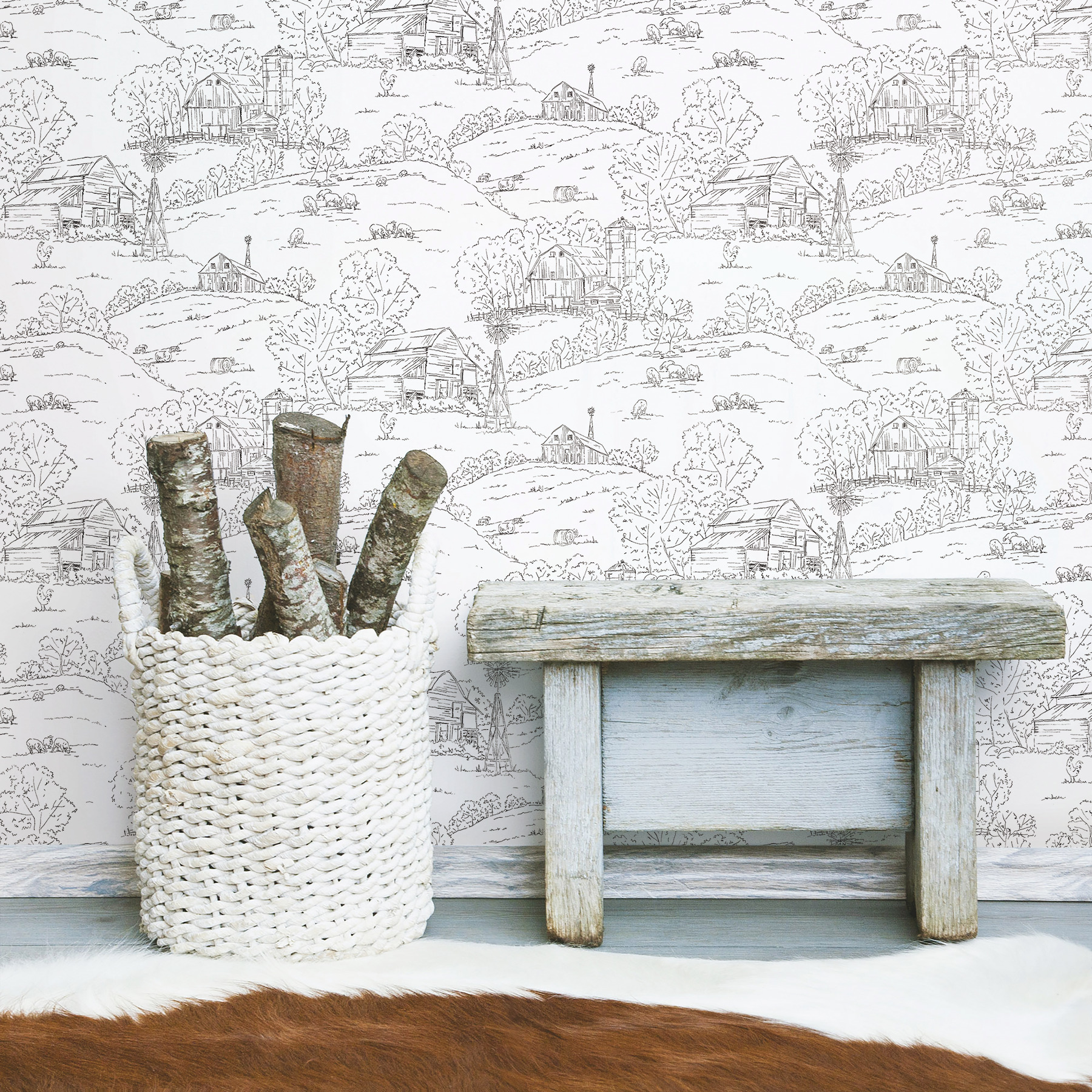Black & White Pasture Toile Wallpaper