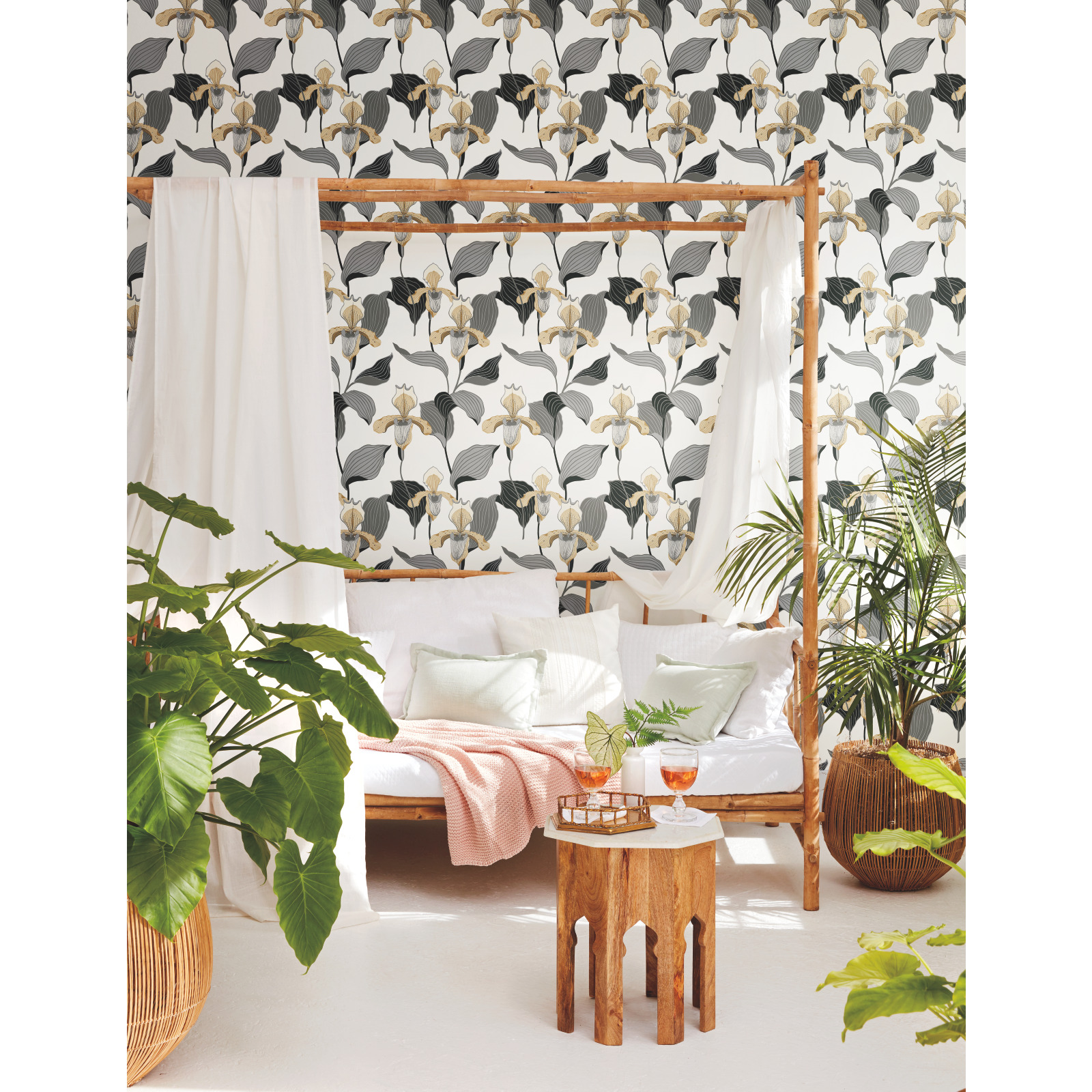 Gold & Grey Lady Slipper Wallpaper