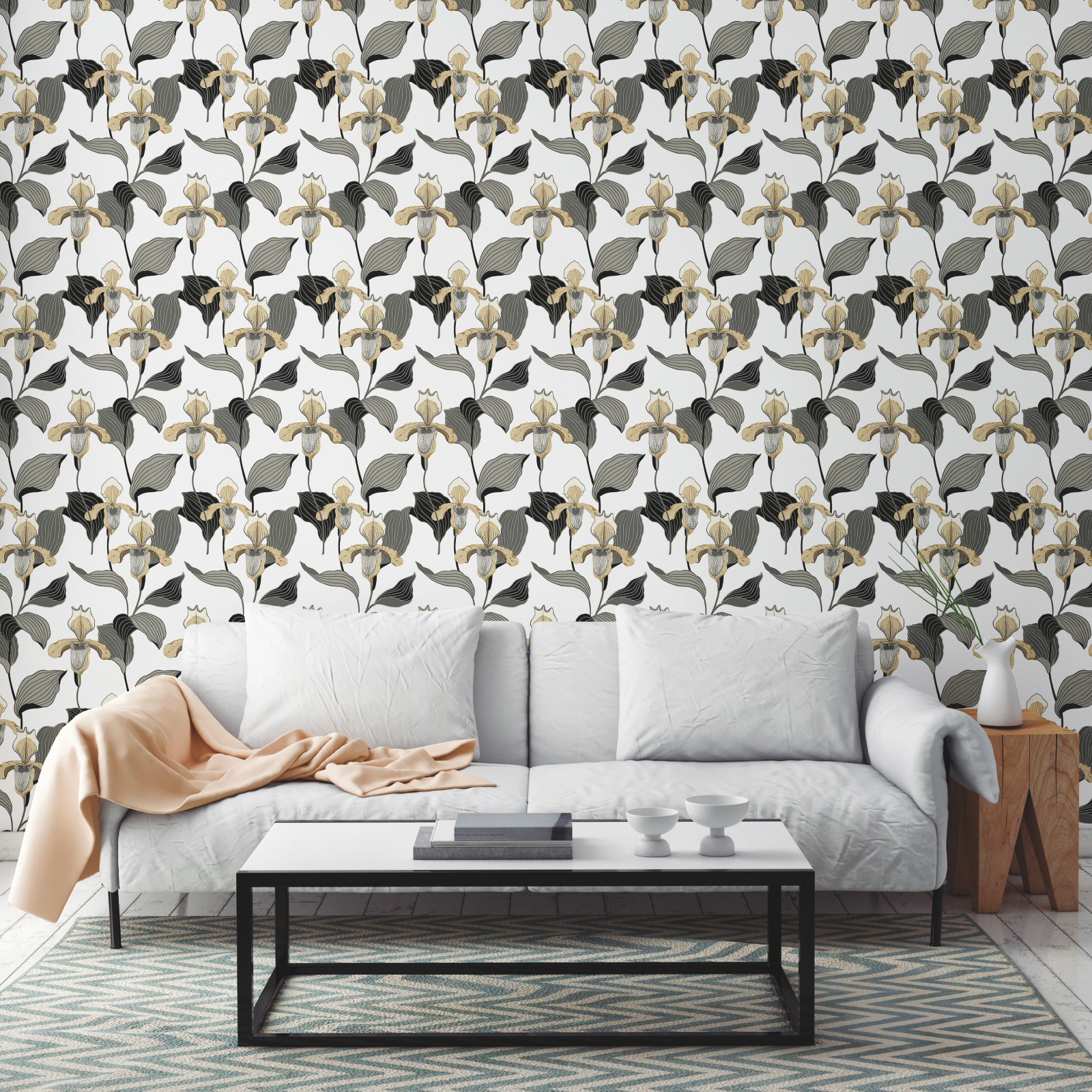 Gold & Grey Lady Slipper Wallpaper