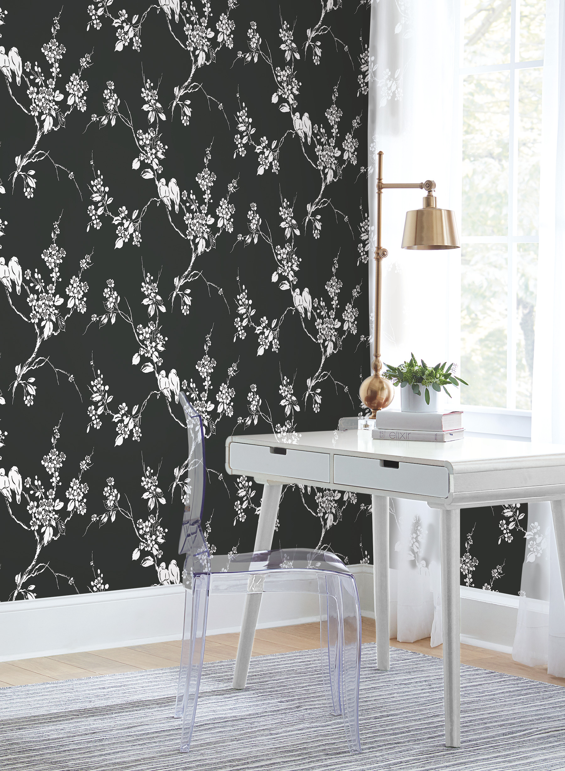 Black & White Imperial Blossoms Branch Wallpaper