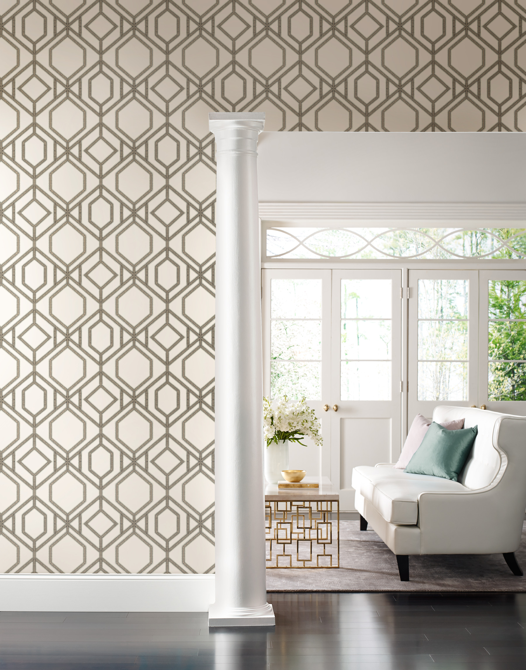 White & Taupe Sawgrass Trellis Wallpaper