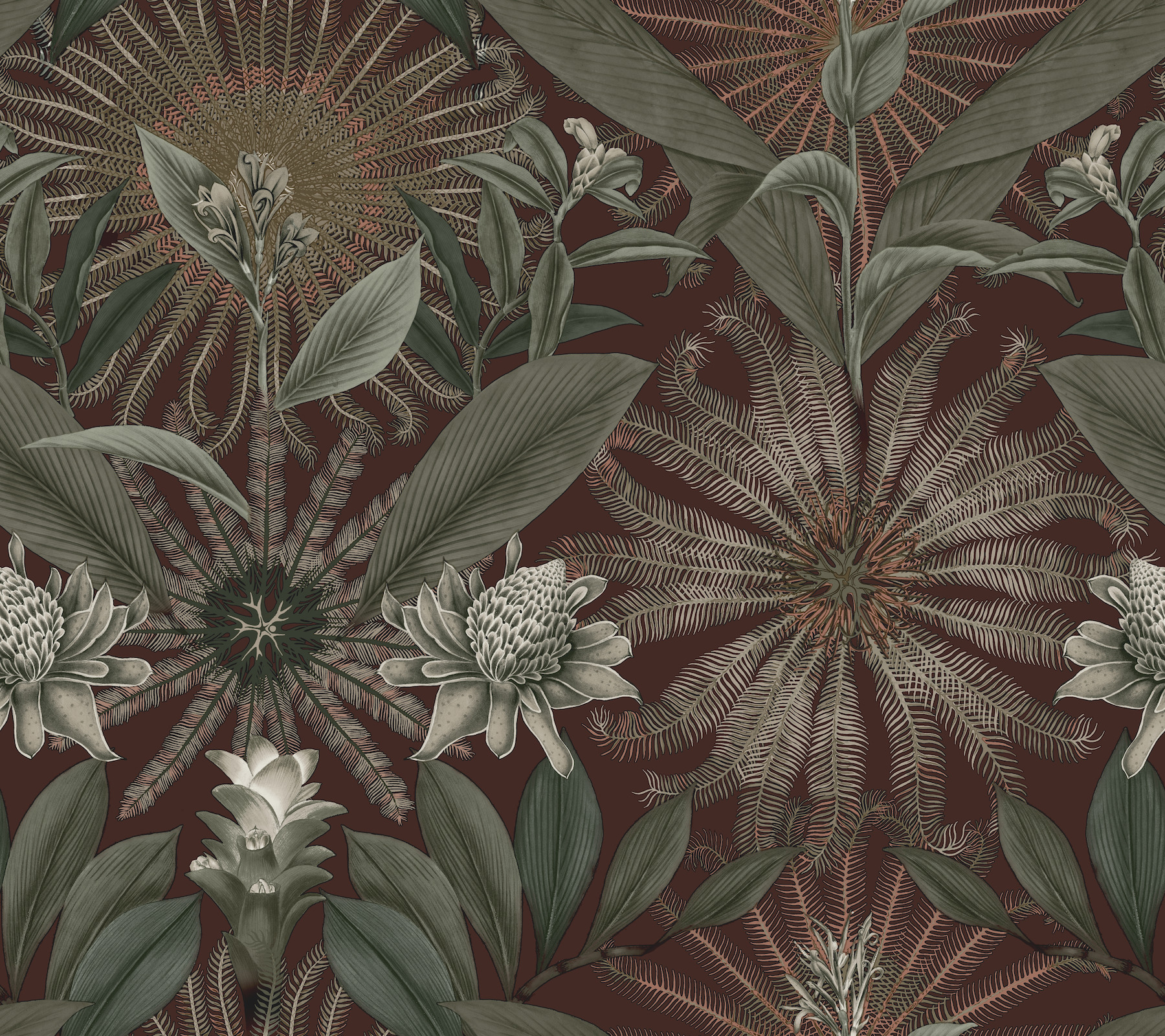 Enchanted Garden Maroon Tropical Wallpaper