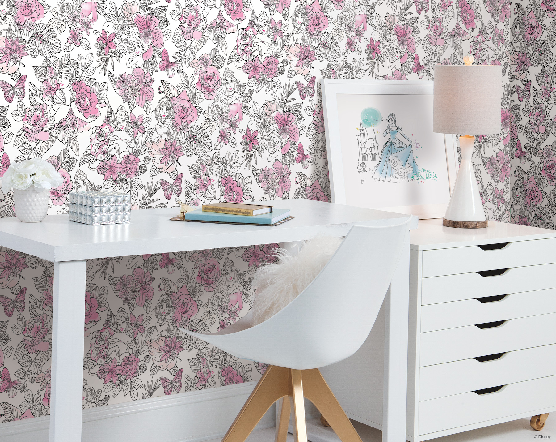 Disney Princess Royal Floral Magenta Wallpaper