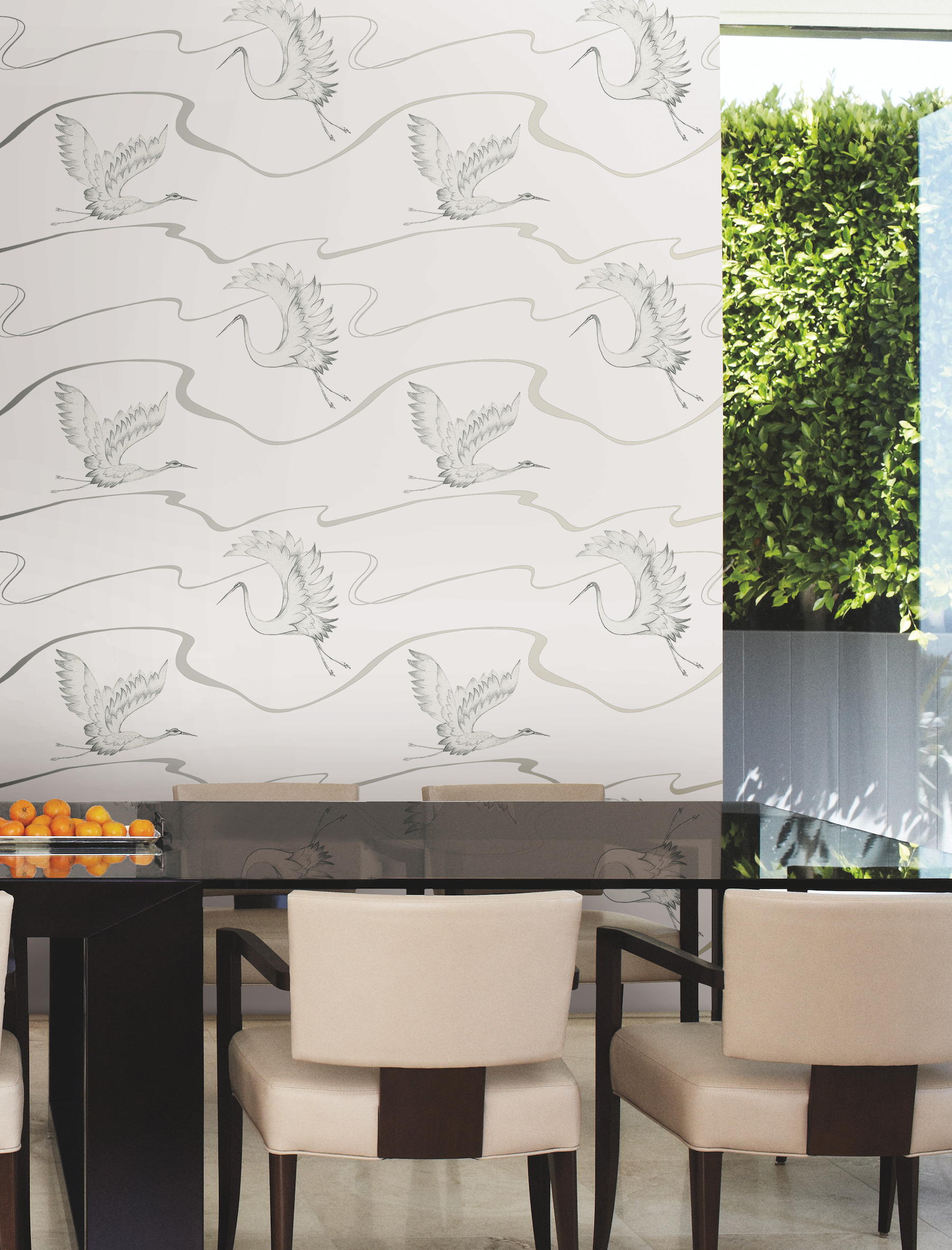 Soaring Cranes White & Silver Wallpaper