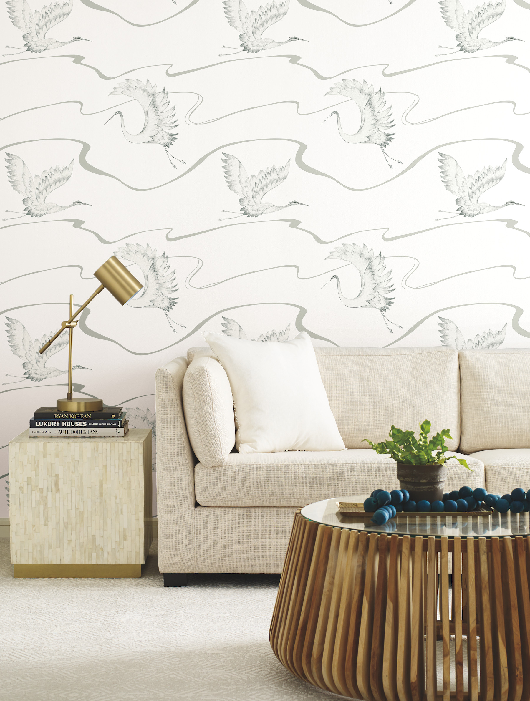 Soaring Cranes White & Silver Wallpaper