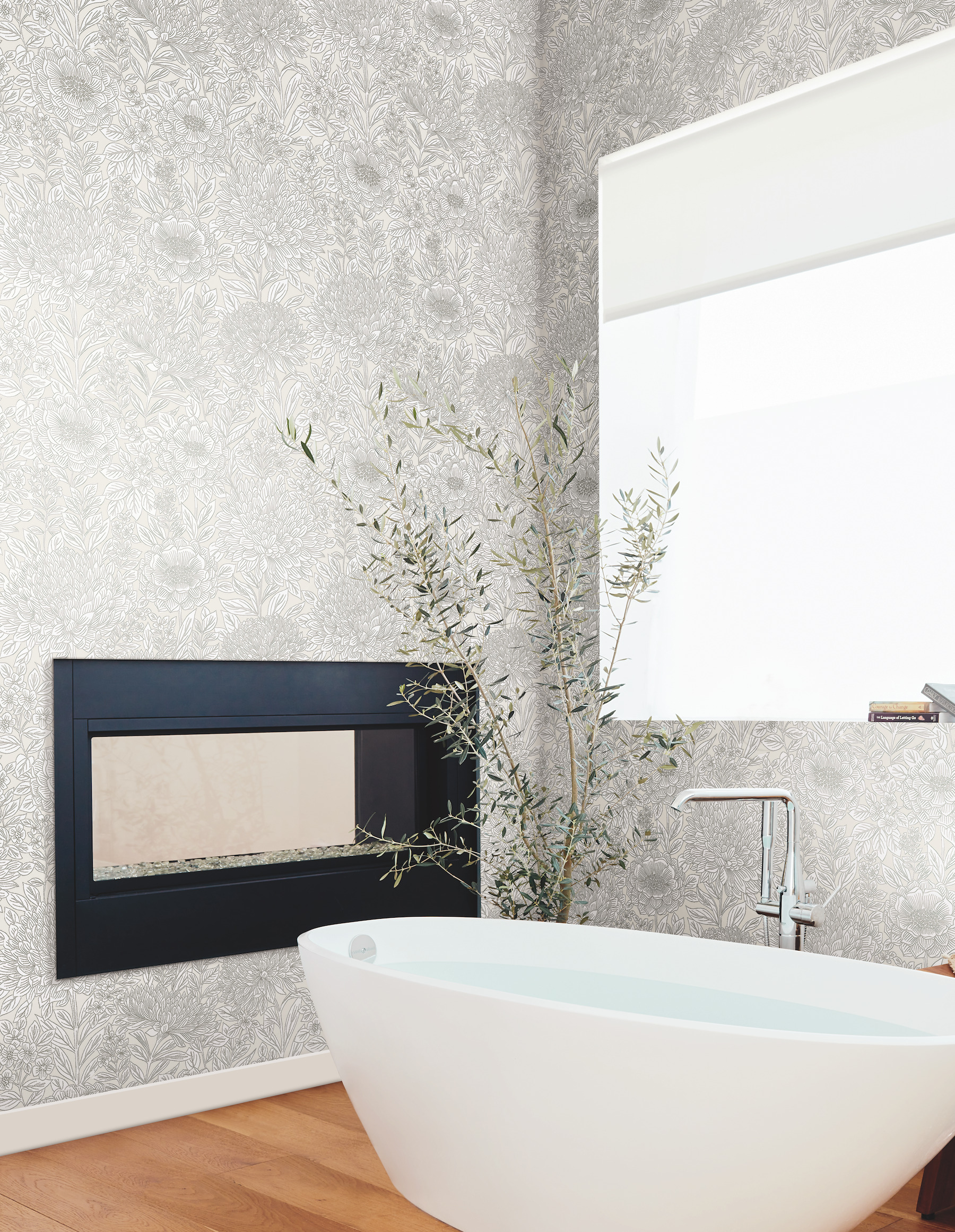 Wood Block Blooms Cream Wallpaper