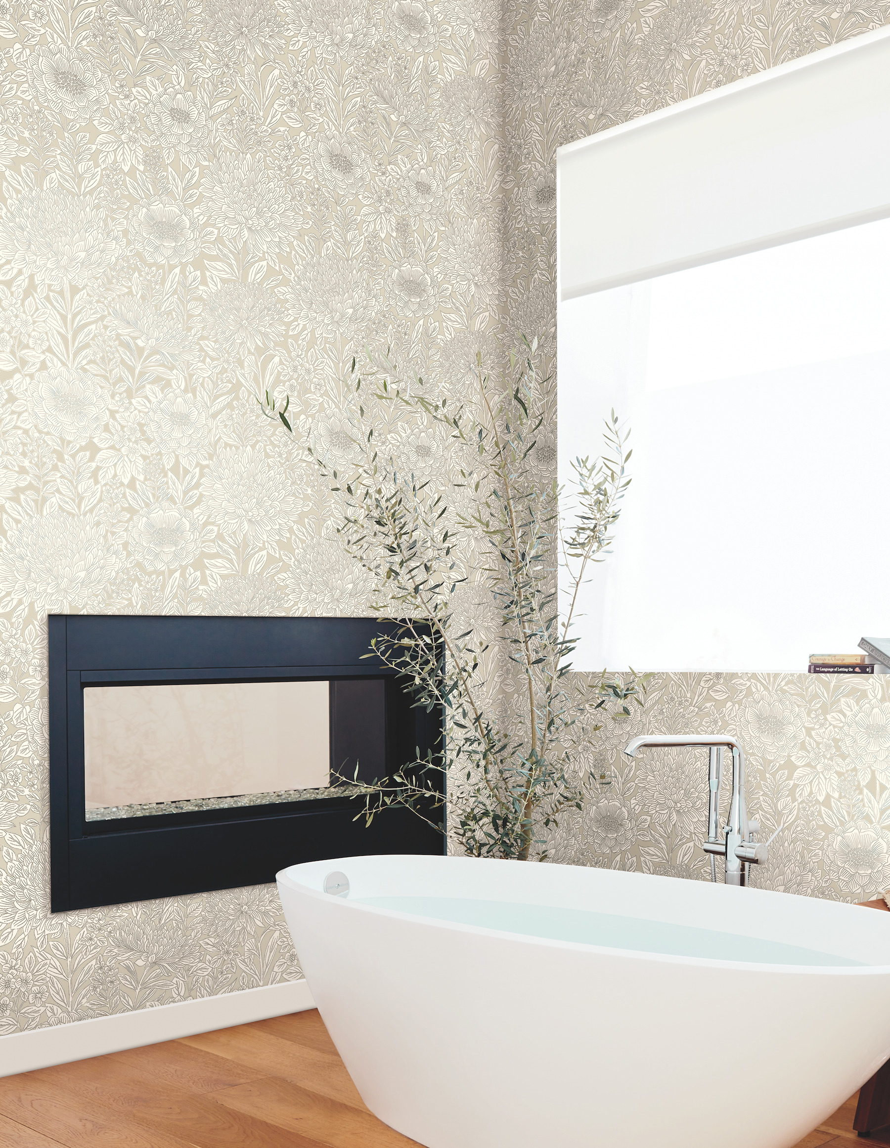 Wood Block Blooms Taupe & Silver Wallpaper