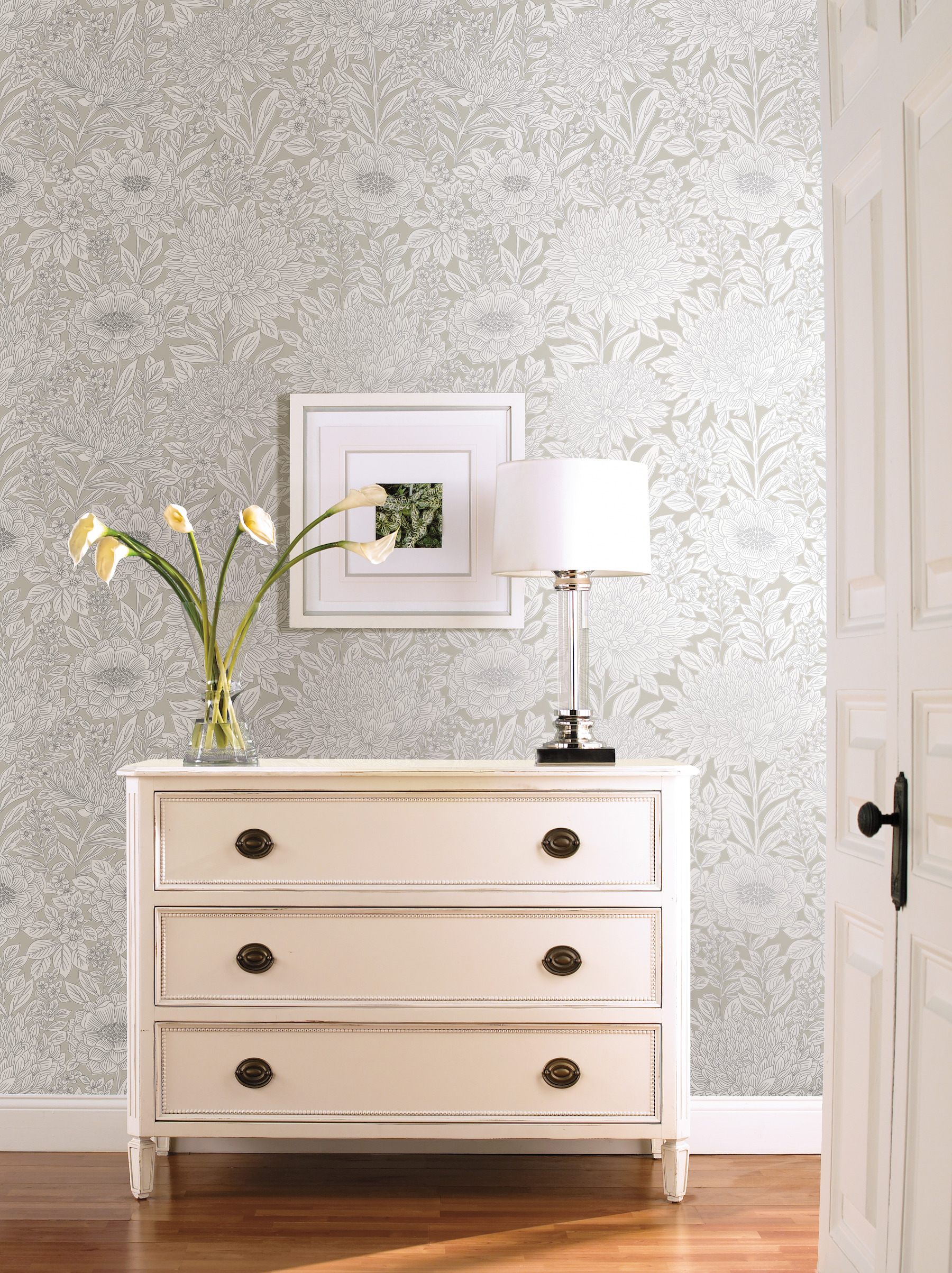 Wood Block Blooms Taupe & Silver Wallpaper