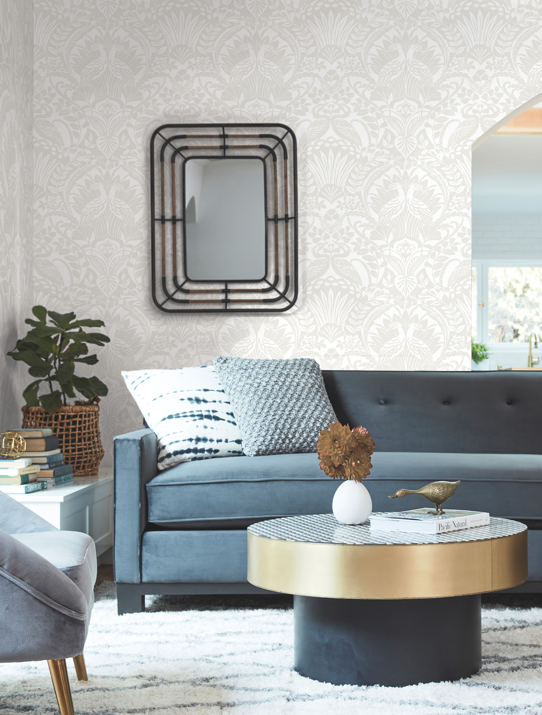 Egret Damask White & Cream Wallpaper
