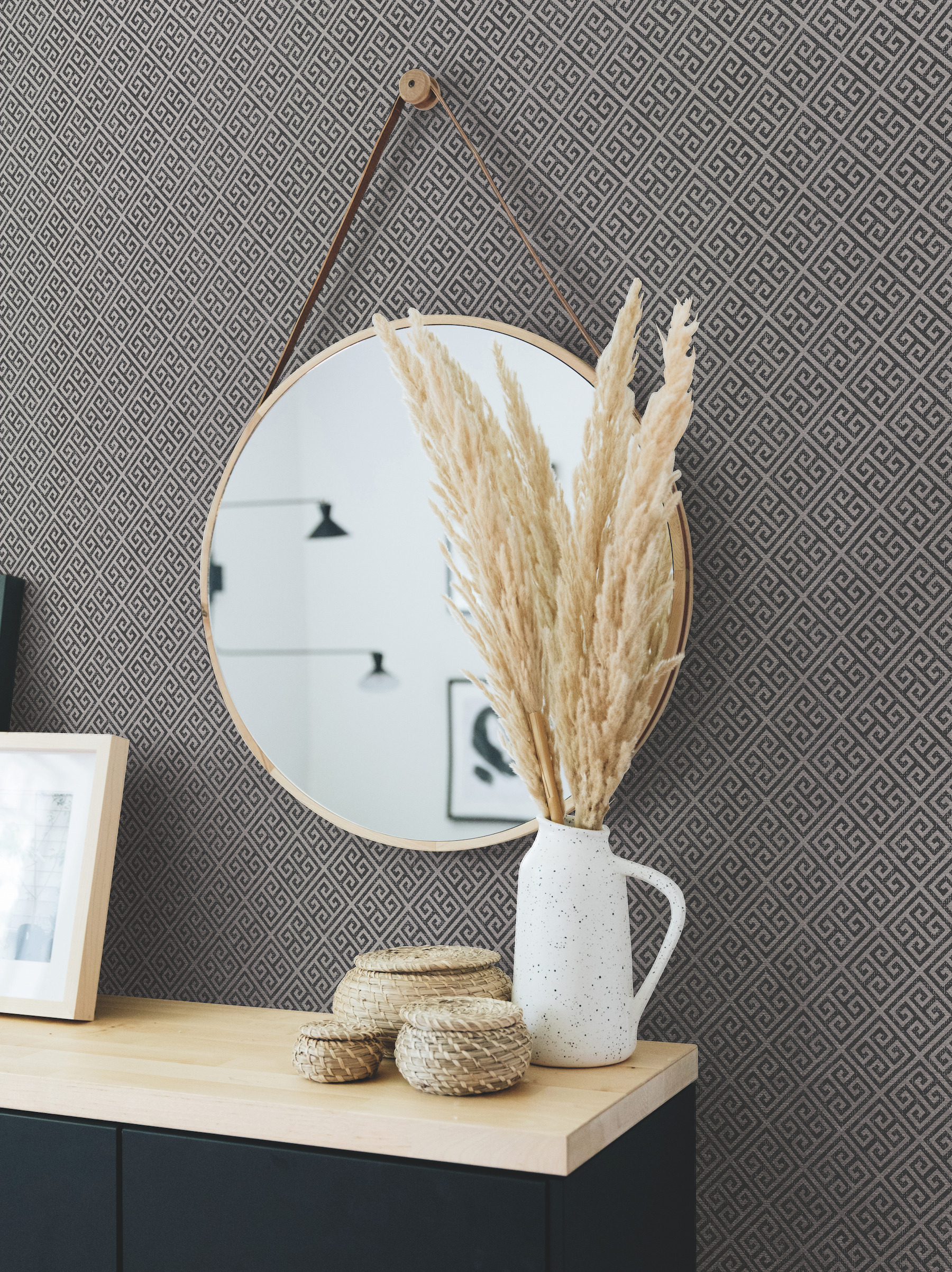 Grecian Geometric Silver & Black Wallpaper