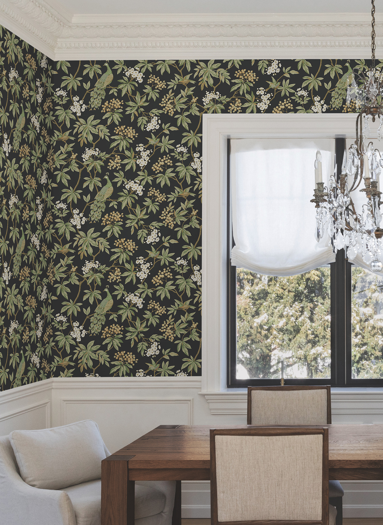 Peacock Estate Black Wallpaper