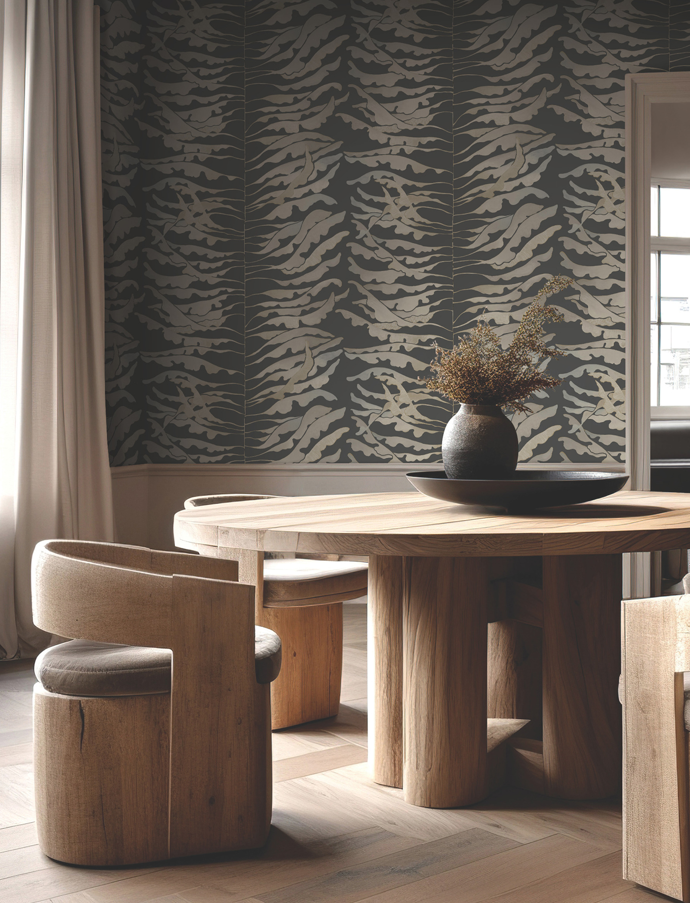 Leaf Column Black Wallpaper