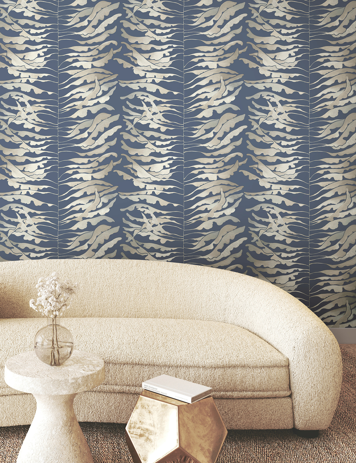 Leaf Column Navy Wallpaper