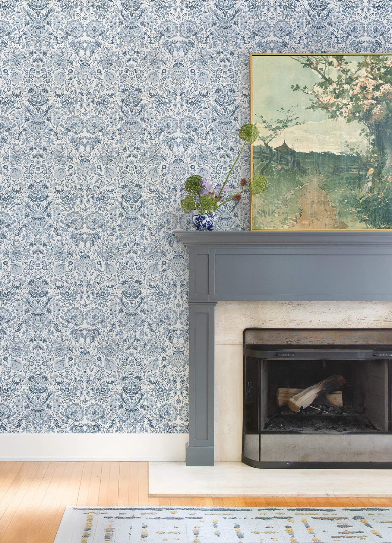 Blanche Blue Floral Damask Wallpaper
