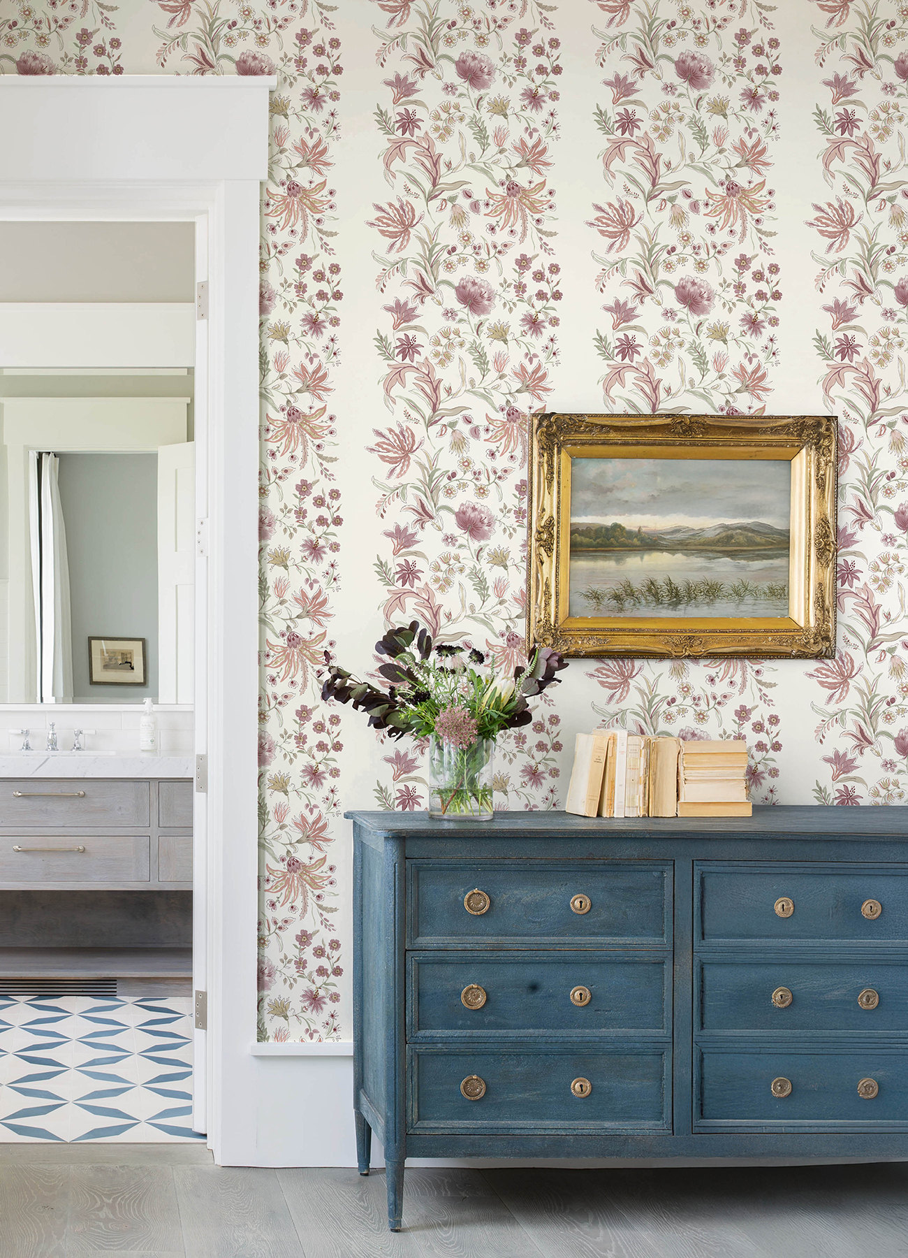 Teonna Raspberry Floral Stripe Wallpaper