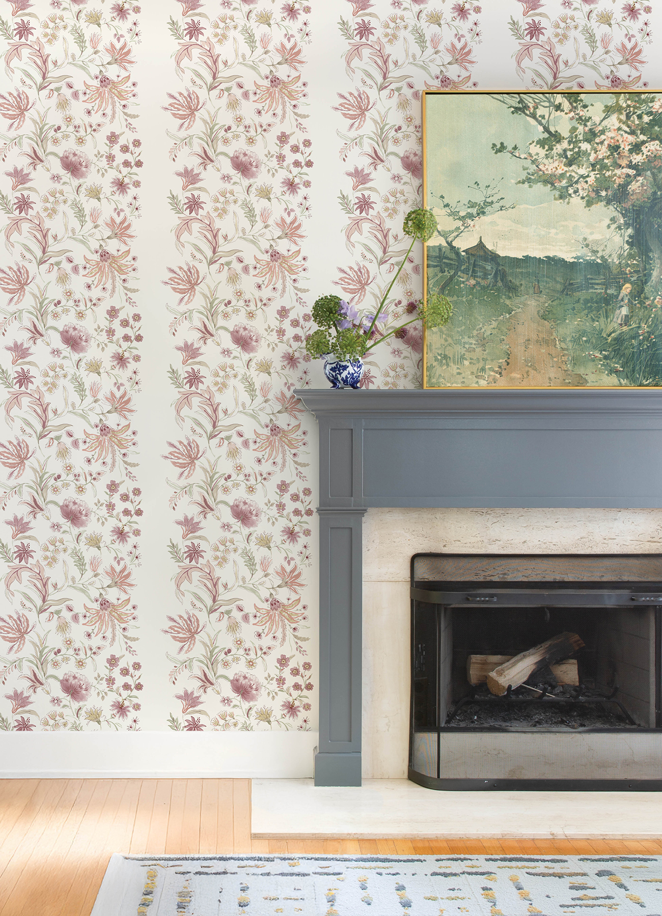 Teonna Raspberry Floral Stripe Wallpaper