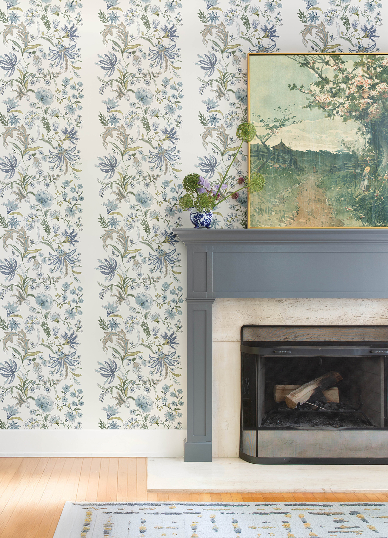 Teonna Blue Floral Stripe Wallpaper