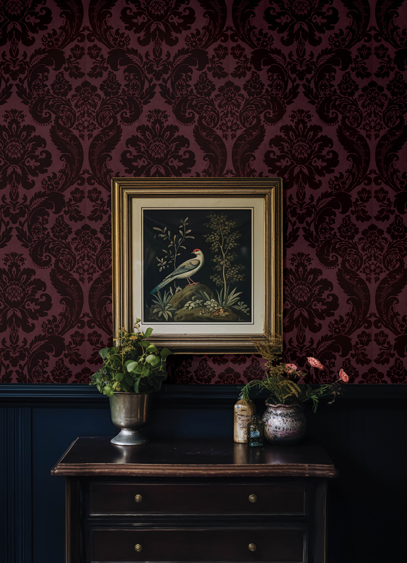Shadow Merlot Flocked Damask Wallpaper