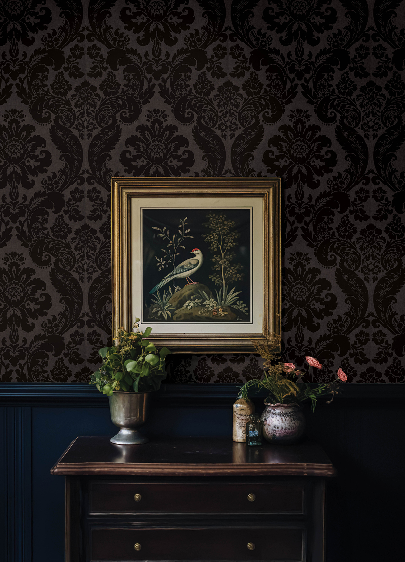 Shadow Black Flocked Damask Wallpaper