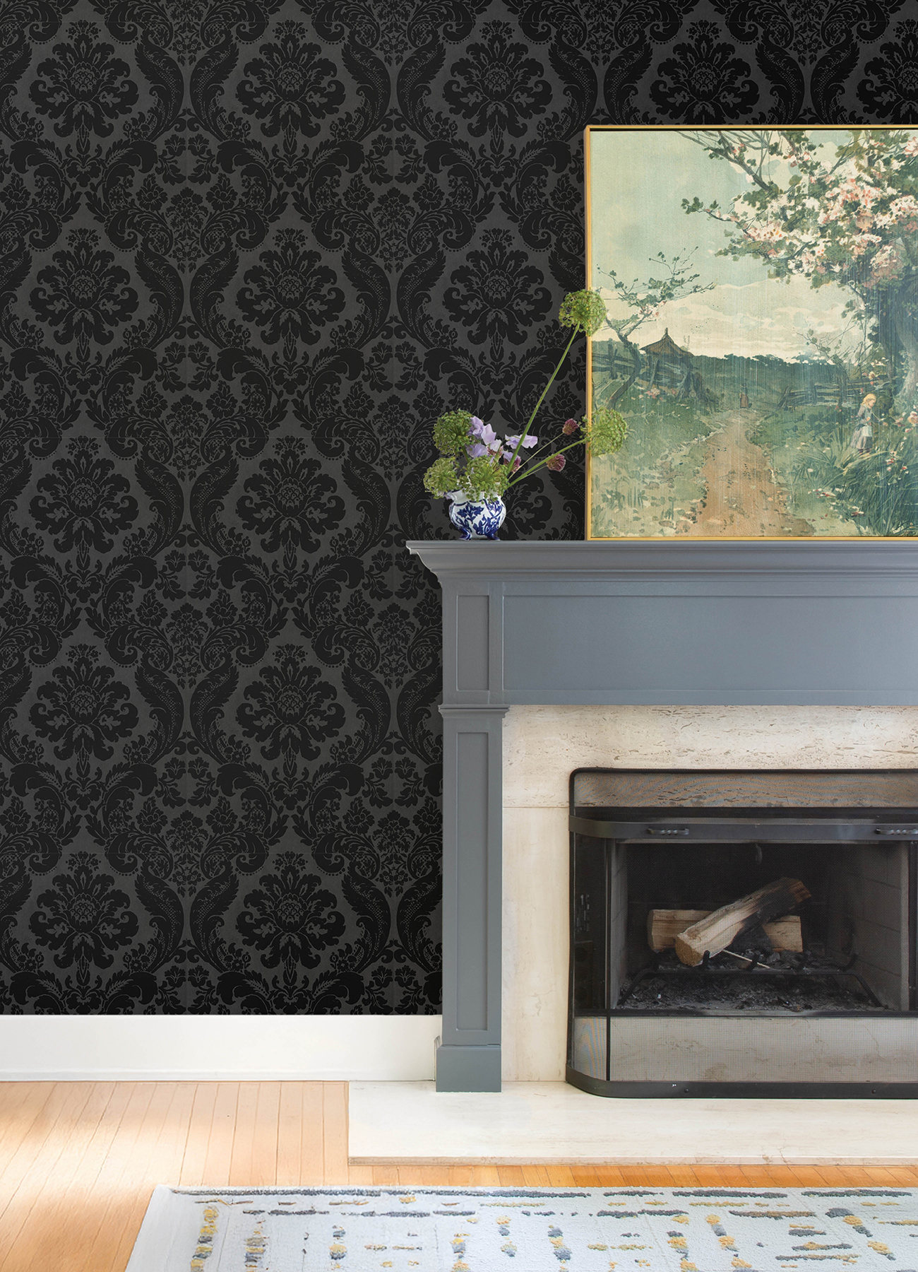 Shadow Black Flocked Damask Wallpaper