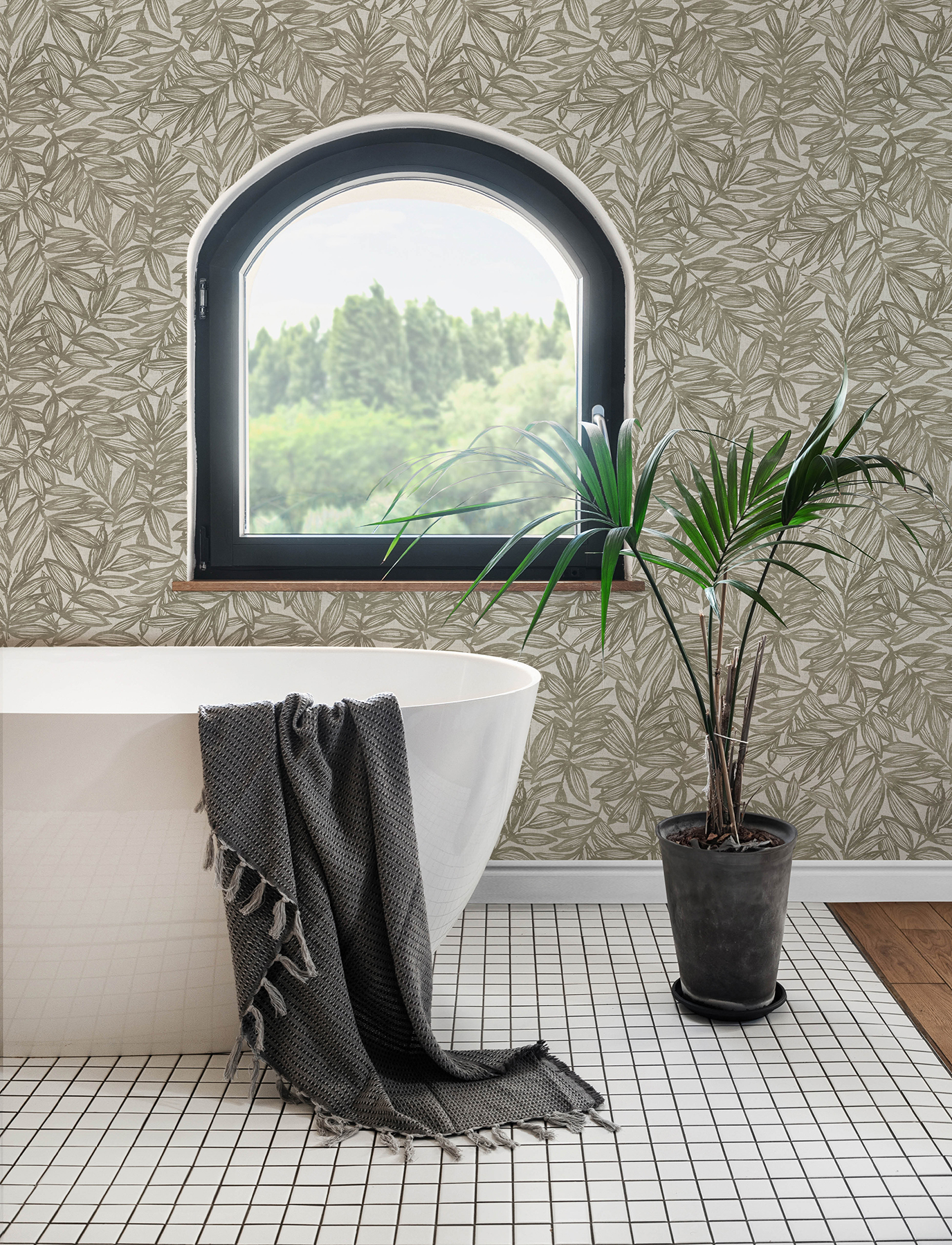 Rhythmic Taupe Leaf Wallpaper