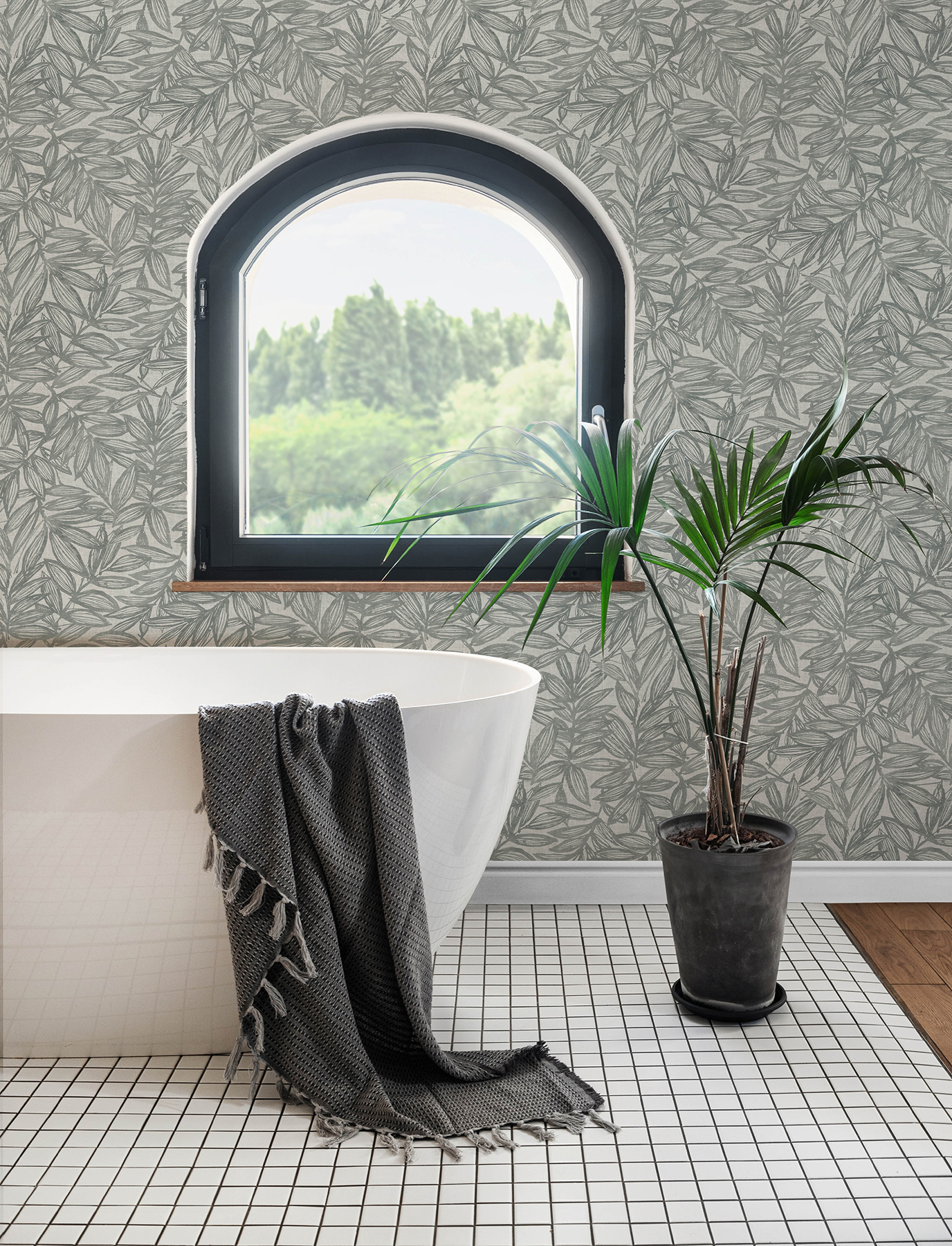 Rhythmic Grey Leaf Wallpaper