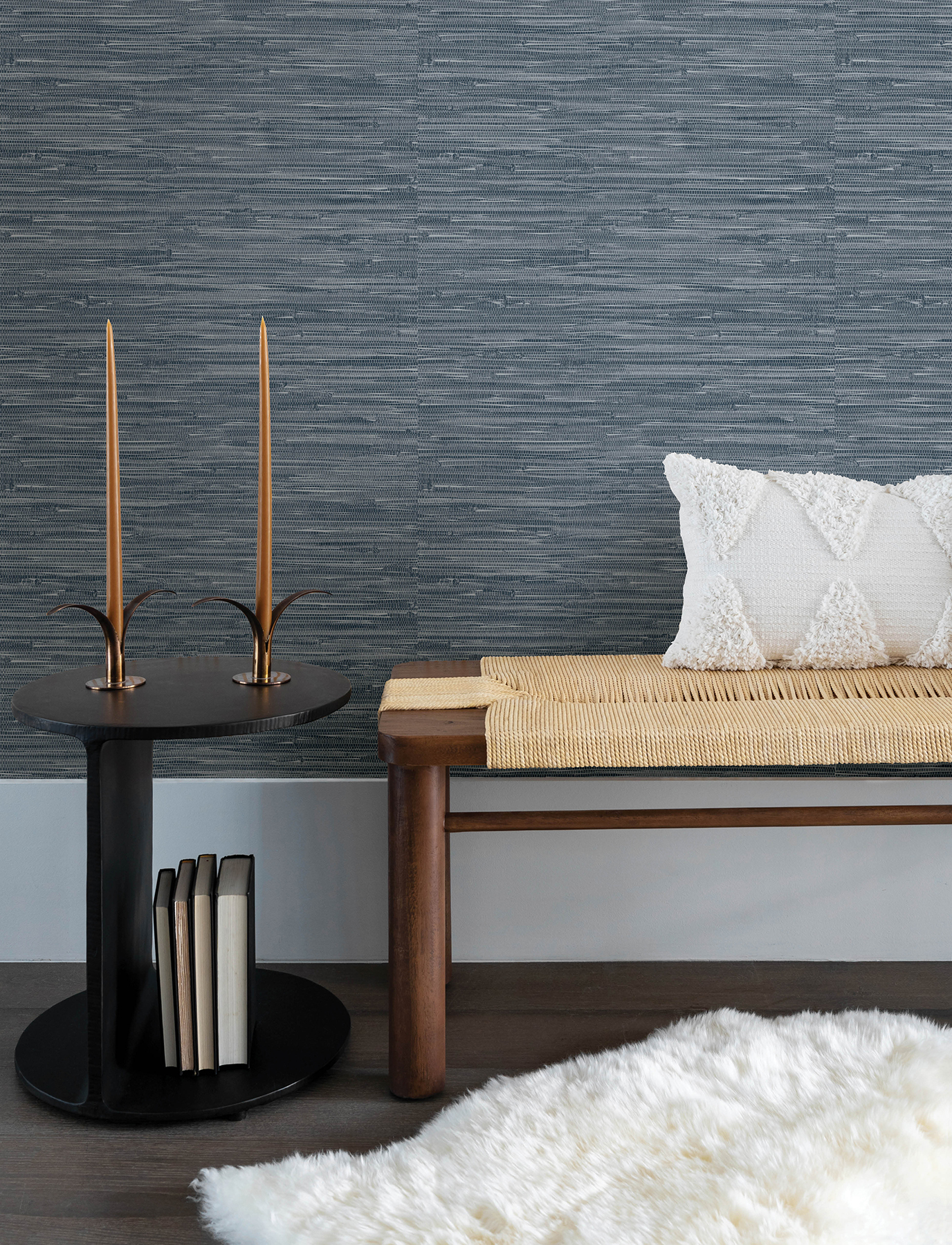 Exhale Indigo Woven Faux Grasscloth Wallpaper