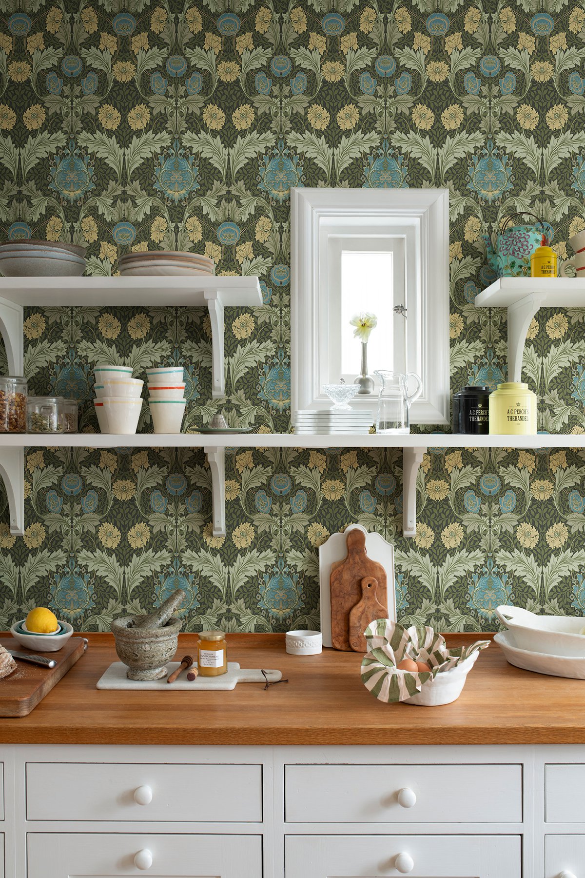Myrtle Dark Green Floral Ogee Wallpaper
