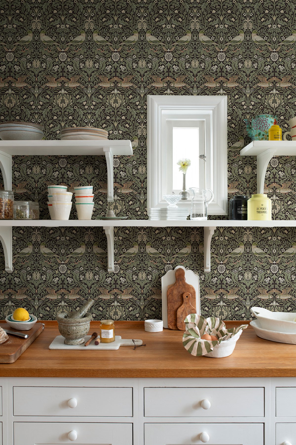 Bird Brown Floral Thicket Wallpaper
