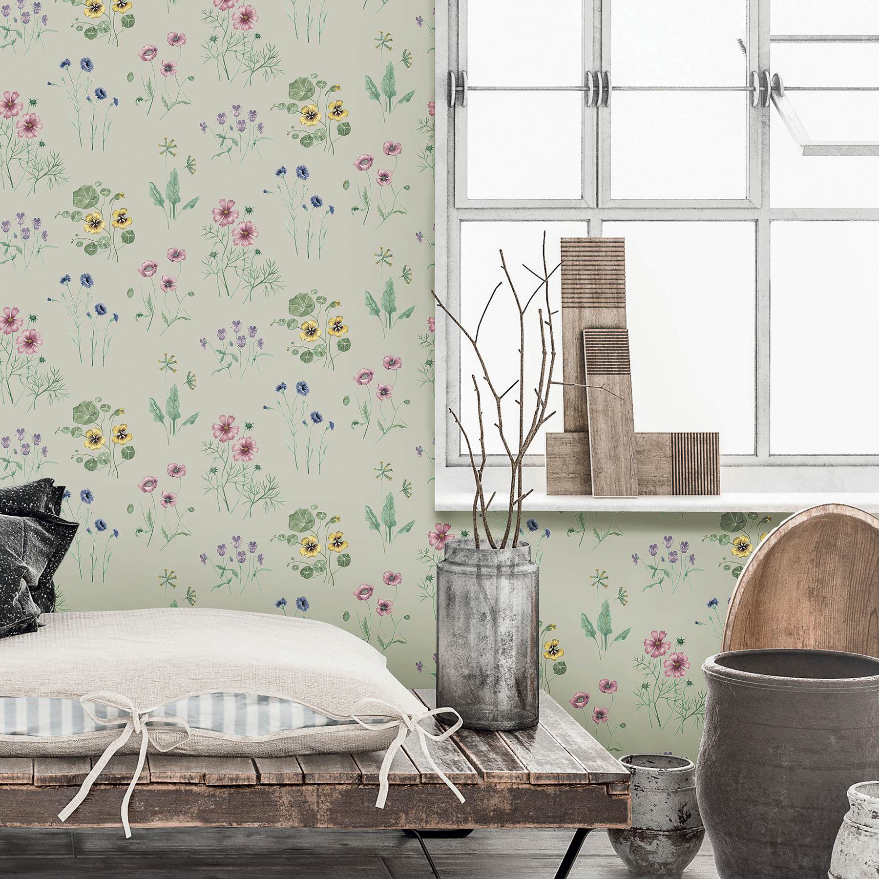 Maj Grey Wildflower Wallpaper