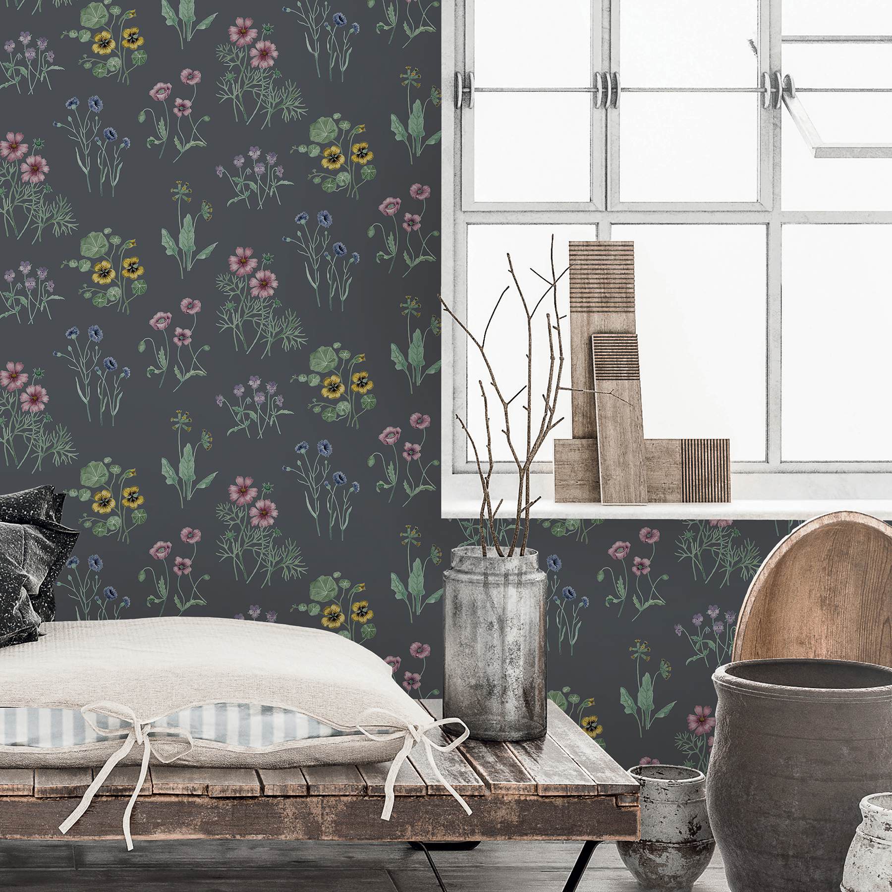 Maj Blue Wildflower Wallpaper