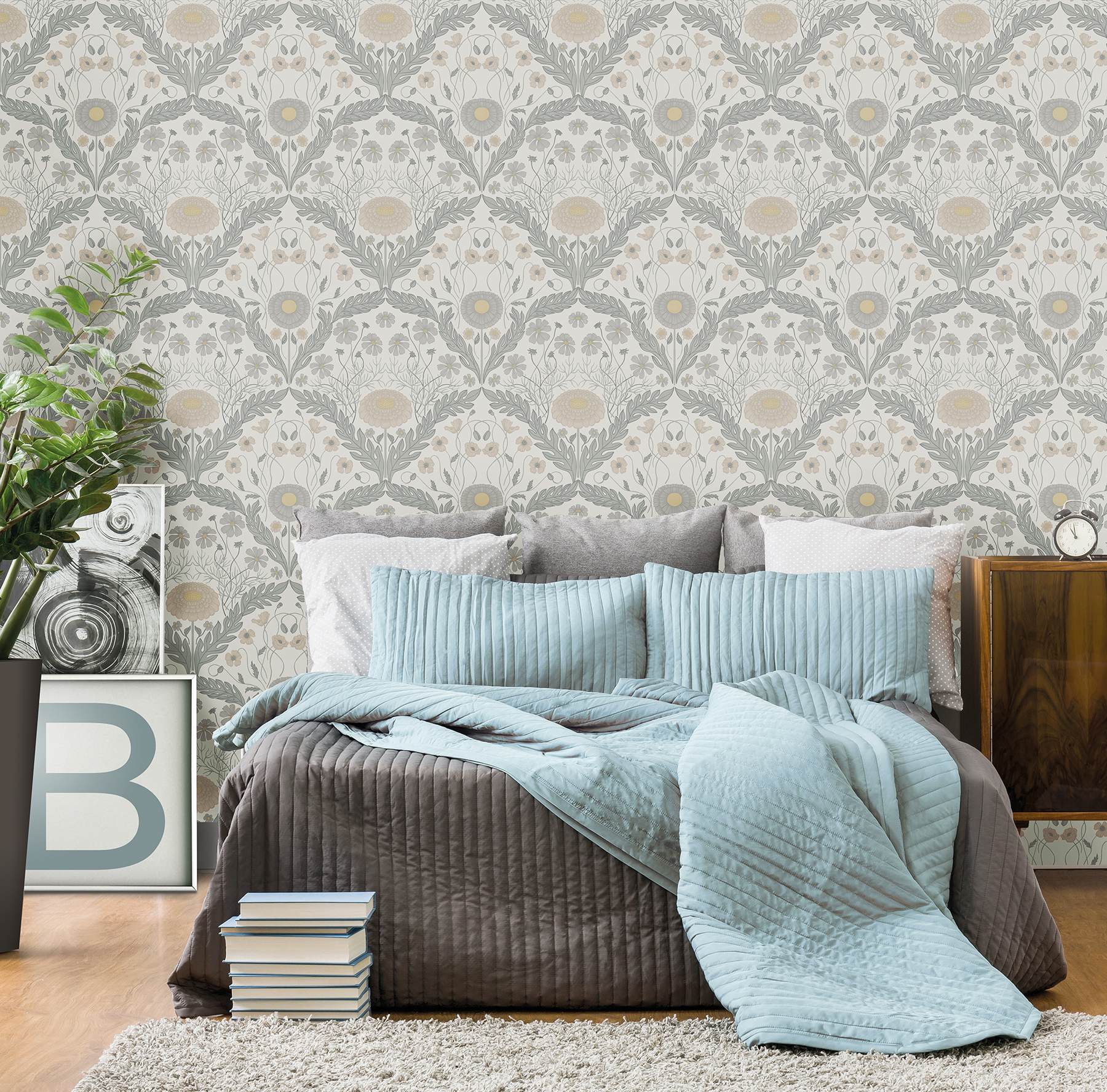 Marguerite Grey Damask Wallpaper