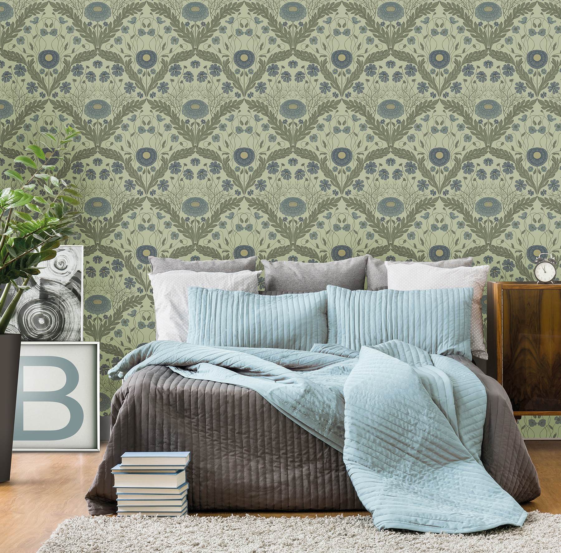 Marguerite Green Damask Wallpaper