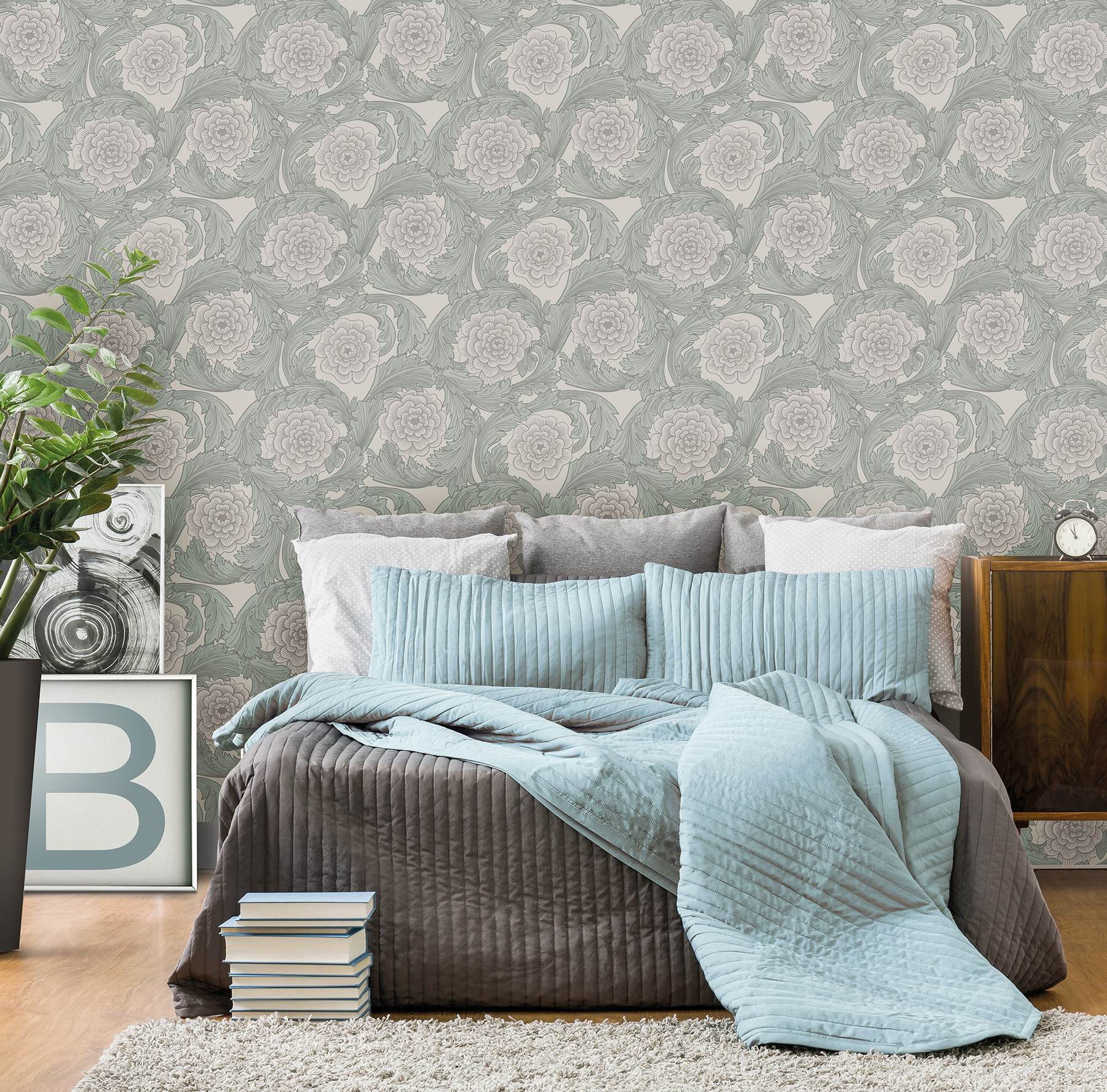 Rosa Grey Ornamental Florals Wallpaper
