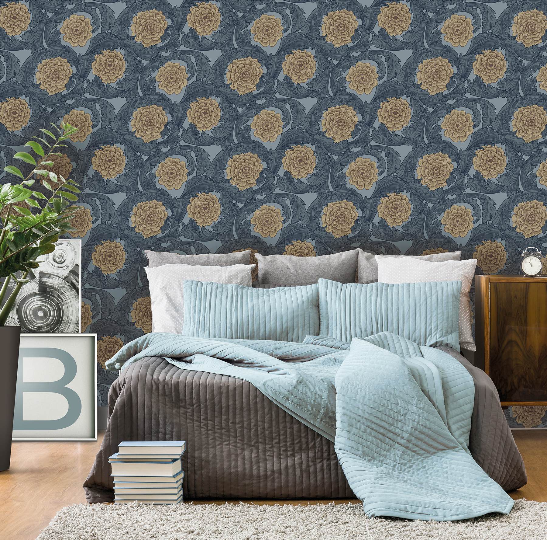 Rosa Blue Ornamental Florals Wallpaper