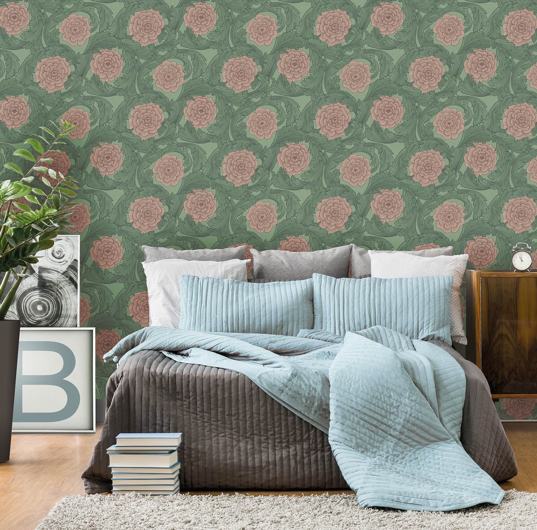 Rosa Green Ornamental Florals Wallpaper