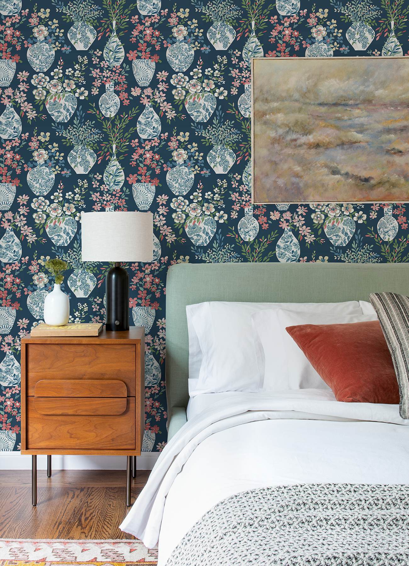 Harper Teal Floral Vase Wallpaper