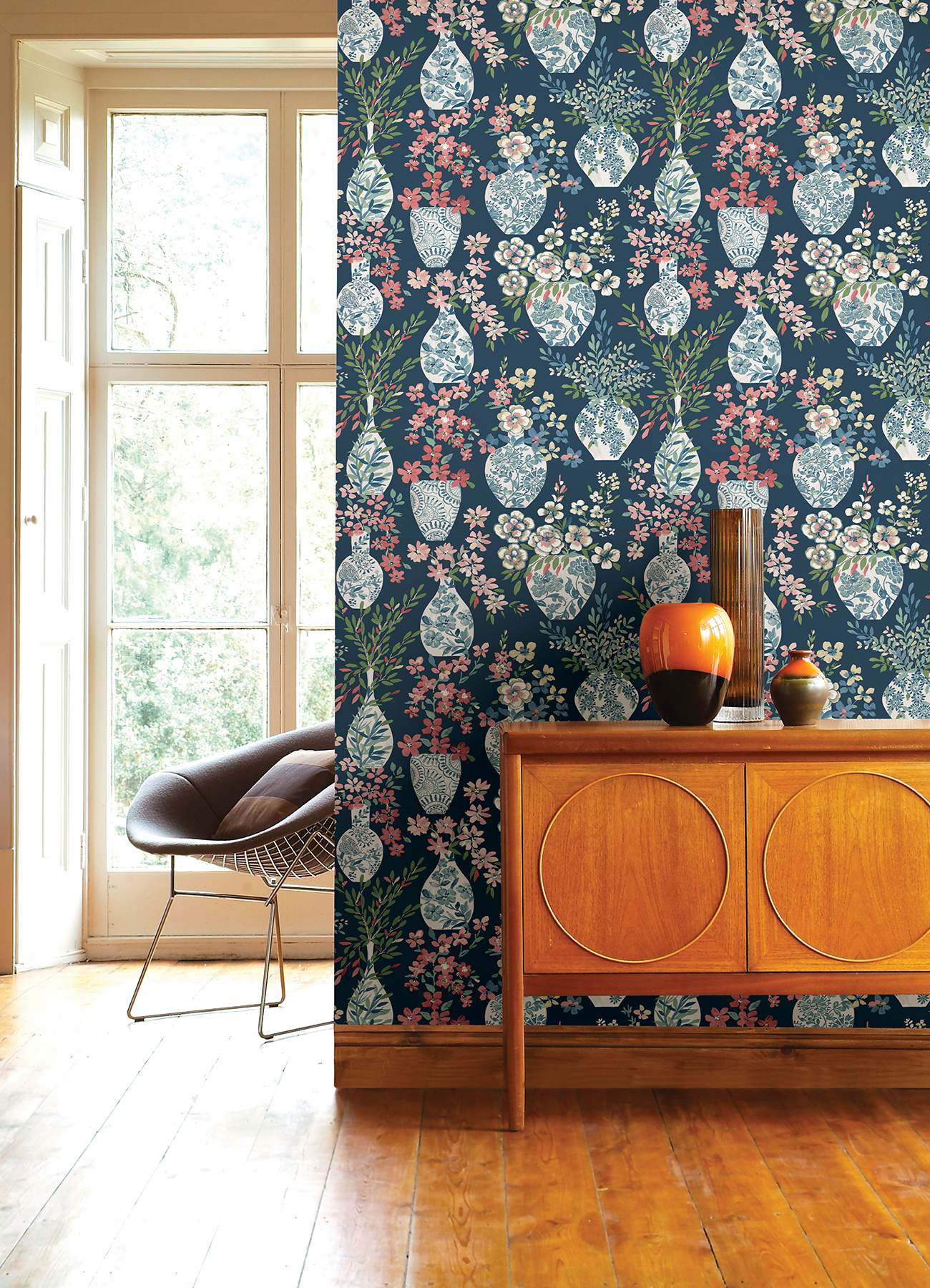 Harper Teal Floral Vase Wallpaper