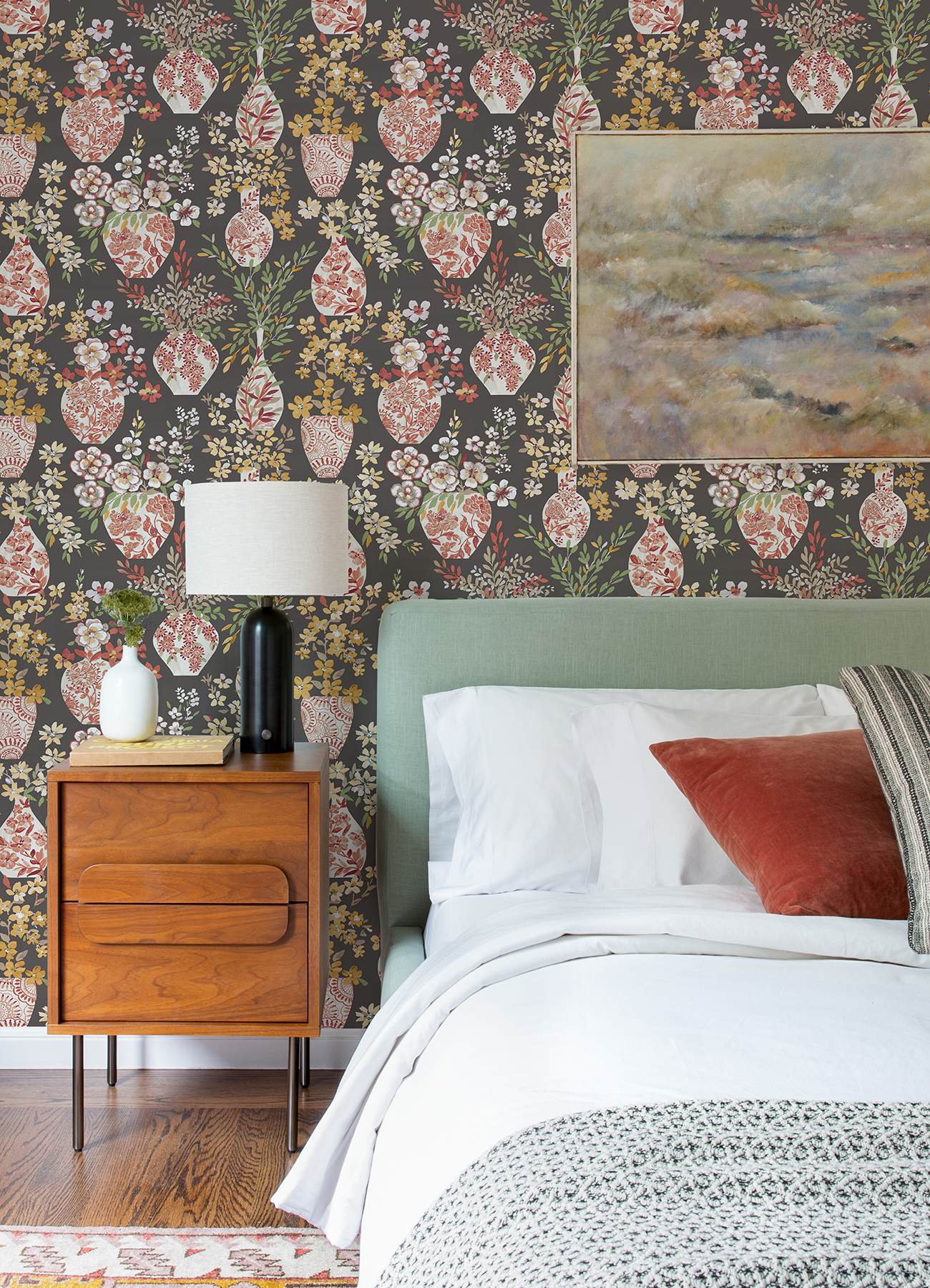 Harper Brown Floral Vase Wallpaper